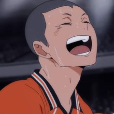 a closeup illustration of a young man with a shaved head, smiling broadly with his eyes closed.  he's wearing an orange and white athletic shirt, suggesting a sports uniform, and beads of sweat are visible on his face. the background is a blurred depiction of a stadium crowd. the overall mood is joyful and triumphant.