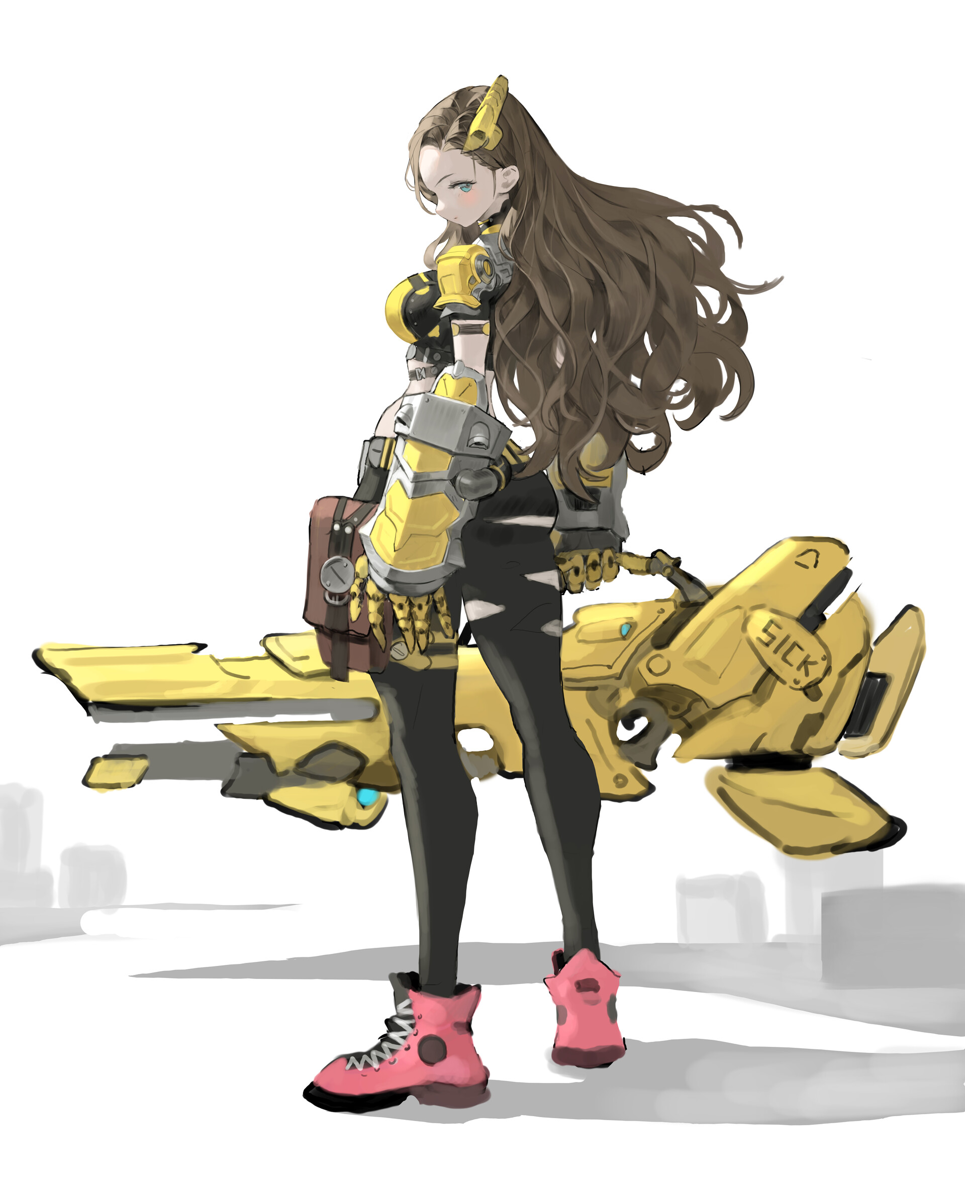an animestyle girl with long brown hair is standing with her back slightly turned. she is wearing a yellow and black outfit with thighhigh leggings and pink boots. she is holding a large yellow futuristic gun with the word "sick" on it. she also has a bag strapped to her side. the background is a simple white with some gray shapes suggesting a city.
