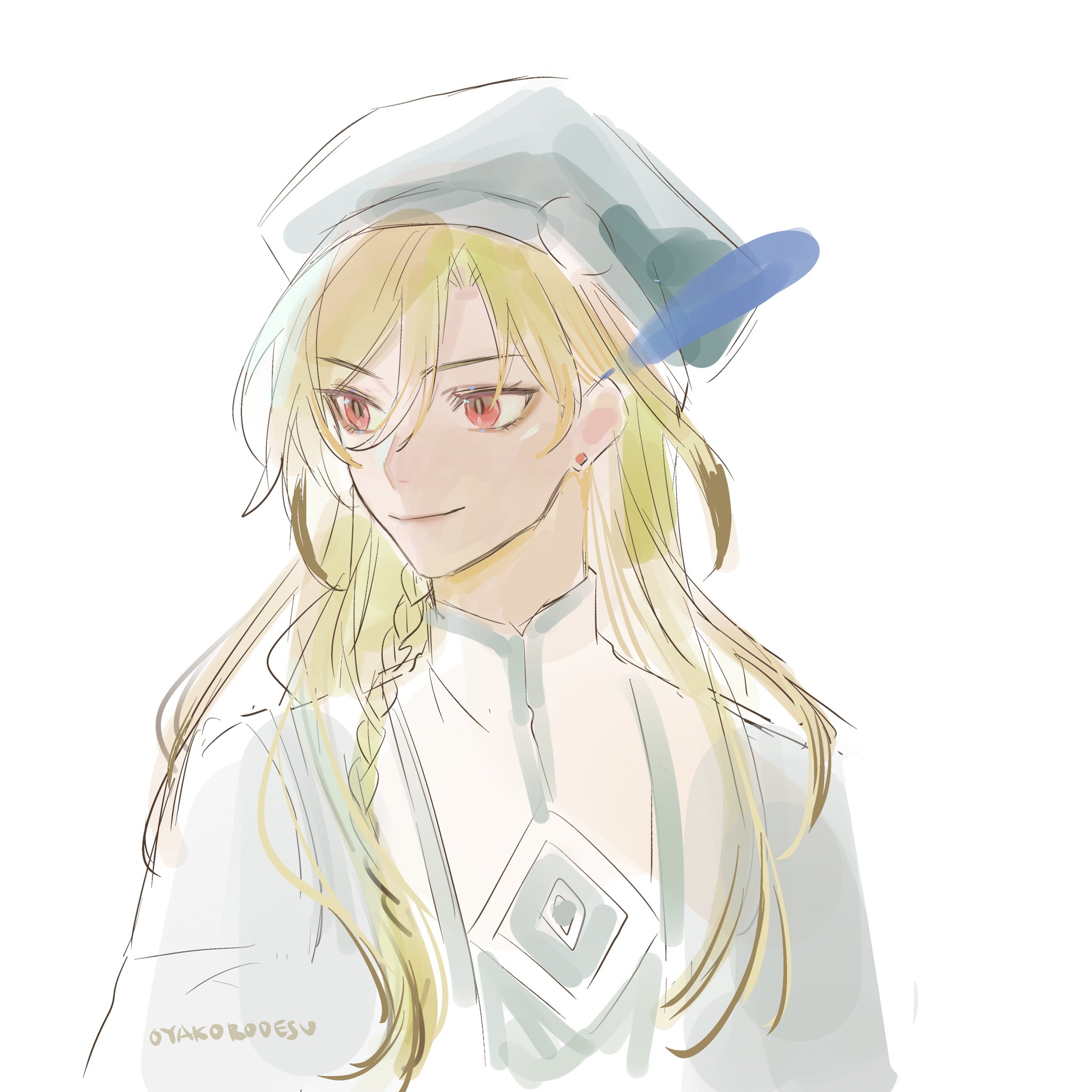 this is a digital drawing of a young male character in an anime or manga style. he has long, wavy, blonde hair with a single braid and red eyes. he is wearing a white shirt with a blue ribbon and a blue hat with a white feather on it. the art style is sketchlike, with soft edges and watercolorlike shading.