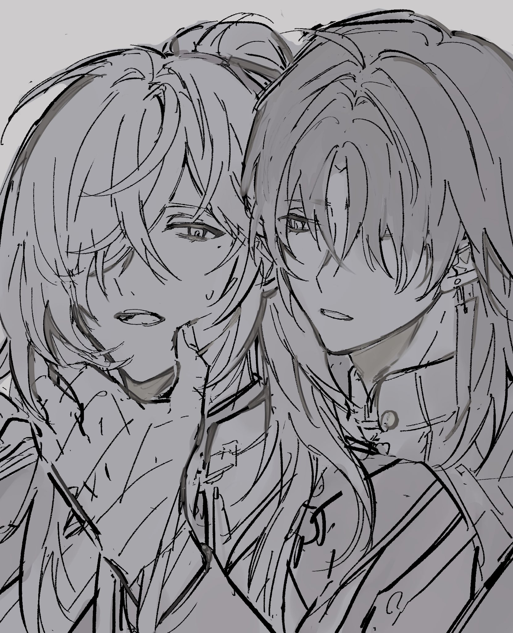 a closeup drawing of two anime characters, a boy and a girl, embracing. the girl is on the left and the boy on the right. the girl has long, flowing hair and is looking down with her hand covering her mouth, as if she is trying to hold back tears. the boy has short, messy hair and his eyes are closed. he is looking down at the girl. both are wearing clothing with a lot of detail and have a lot of linework. they are drawn in a black and white, monochrome style. they appear to be sad or distressed.
