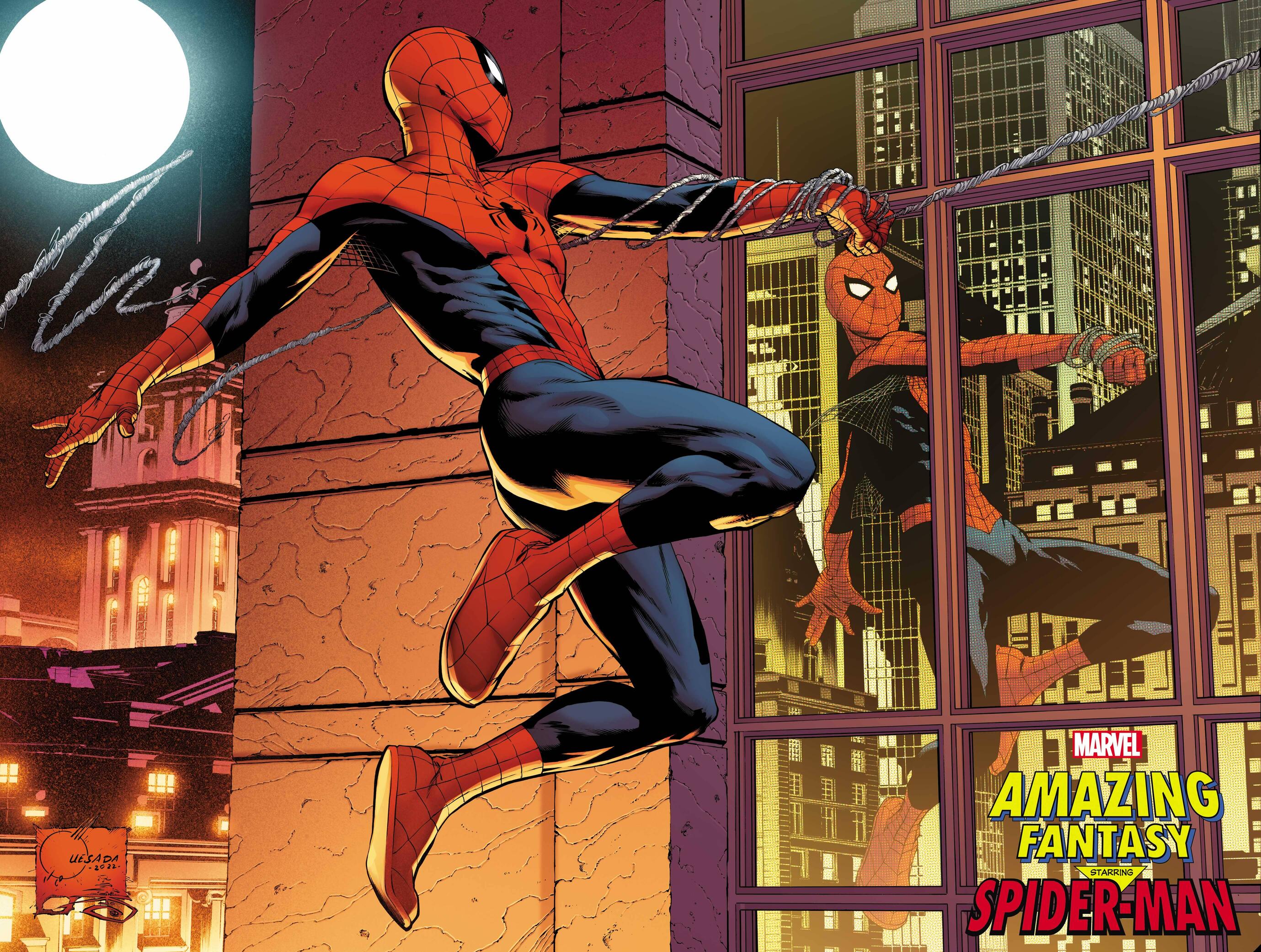 the image features spiderman in a dynamic pose, swinging through a cityscape at night.  he's in the foreground, reflected in a window behind him is another spiderman. the image has a comic book style, with bold lines and vibrant colors. in the background, the city is illuminated with lights, giving a sense of action and excitement. the words "marvel amazing fantasy spiderman" are prominently displayed in the bottom right corner.