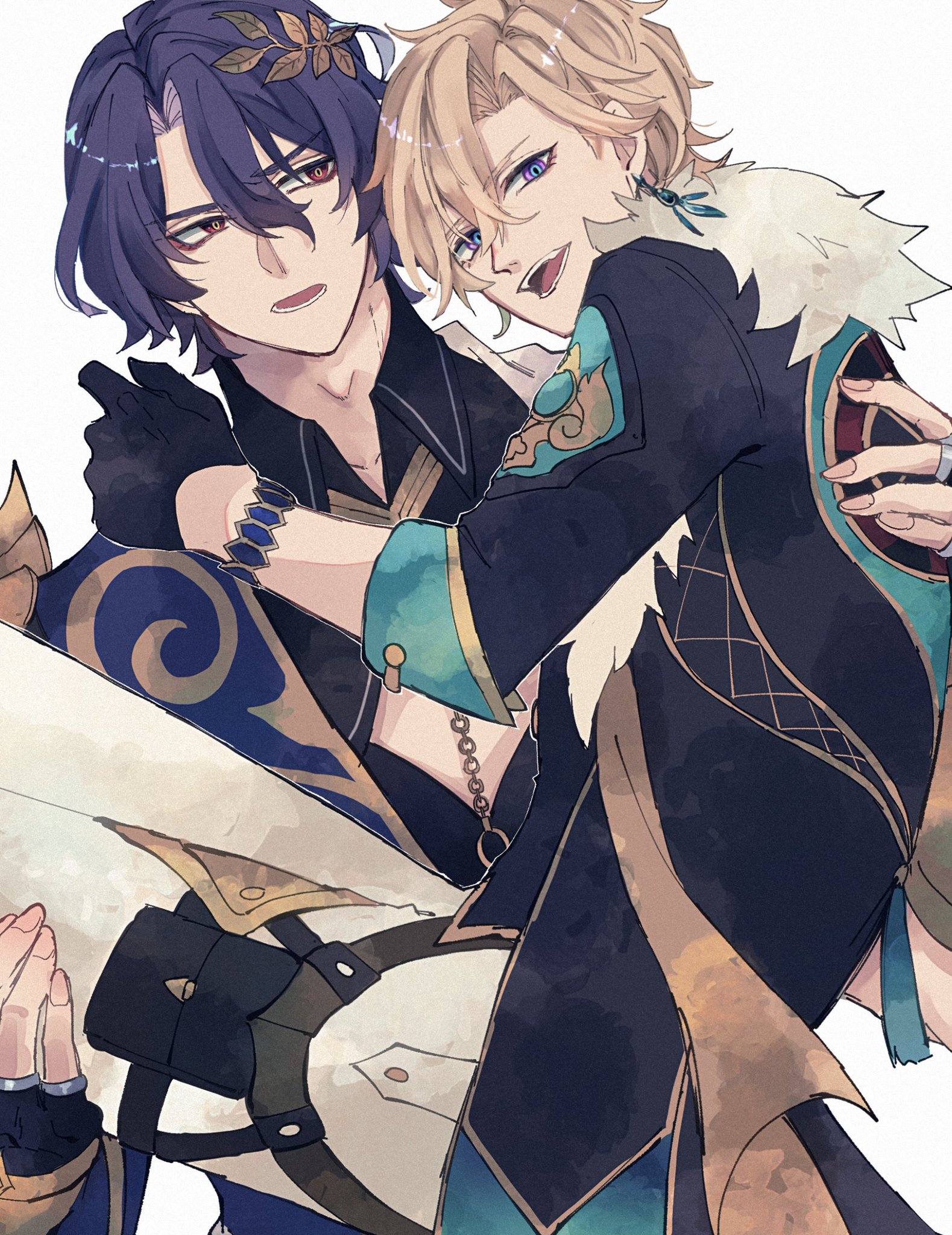 the image is a digital painting that features two anime boys. the first boy, who has purple hair, is holding the second boy, who has blonde hair, in his arms.  the blonde haired boy is smiling cheerfully while the boy with purple hair is expressionless. the boys are both wearing colorful clothes, and the background is plain white.  the overall feeling of the image is one of affection and love.