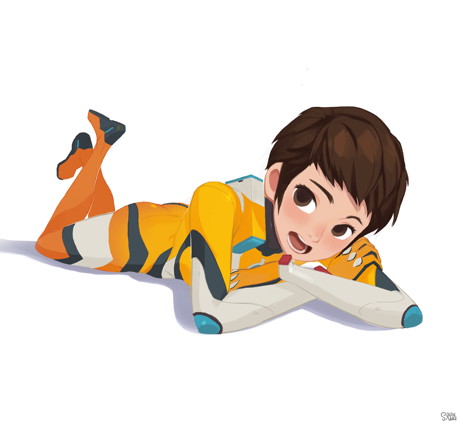 the image showcases a cartoonstyle illustration of a girl with short brown hair. she's dressed in a futuristic, formfitting orange and white suit, suggesting a scifi or gaming theme. her arms appear slightly robotic, adding to the futuristic aesthetic. she's lying on her stomach, propped up on her elbows, with a content and happy expression on her face. the image has a soft lighting scheme and is set against a clean, white background, drawing full attention to the character.