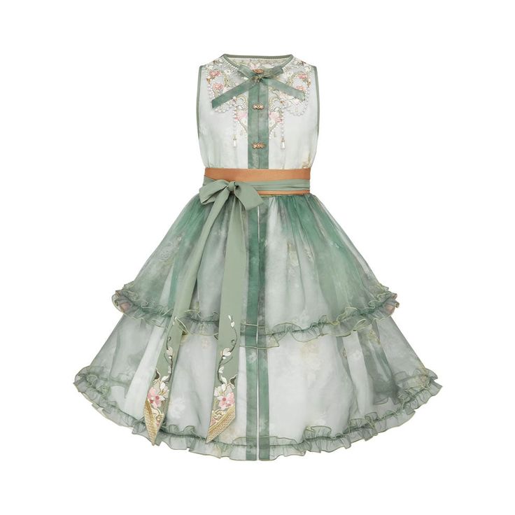a green dirndl dress with floral embroidery. the dress has a tulle overlay and a brown belt.