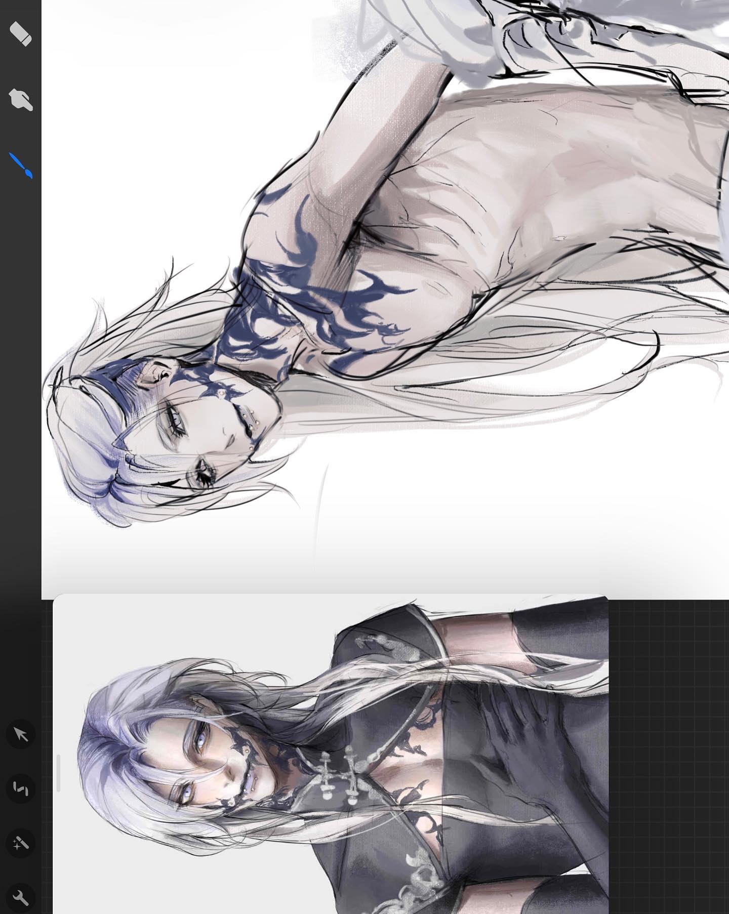 the image showcases a digital artwork in progress featuring a male character. he is depicted with striking white hair, pale skin, and intricate black tattoos adorning his body. the top half of the image displays a sketch focusing on the character's upper body, revealing the initial design phase. in contrast, the bottom half presents a more polished illustration of the character's upper body, showcasing detailed clothing and accessories.