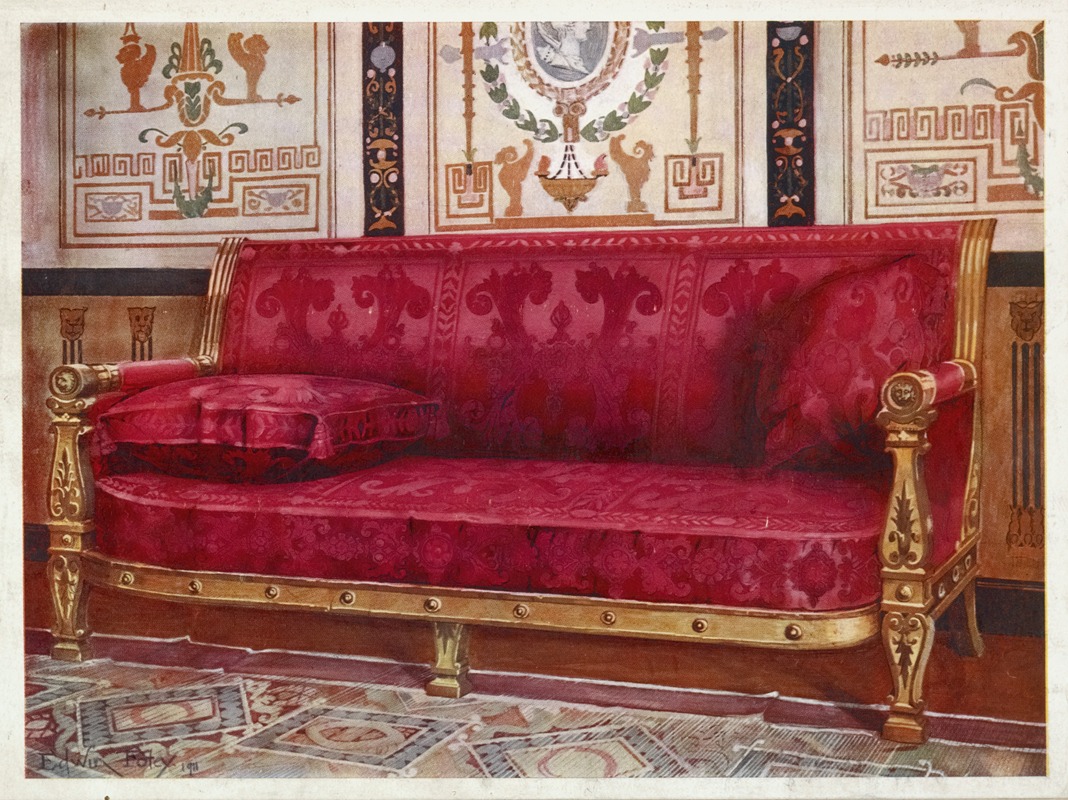 an image of a red and gold sofa in a room. the sofa has a red cushion, gold frame, and patterned fabric. behind the sofa is a wall with decorative patterns. the room has a patterned floor. the style is classical and ornate.