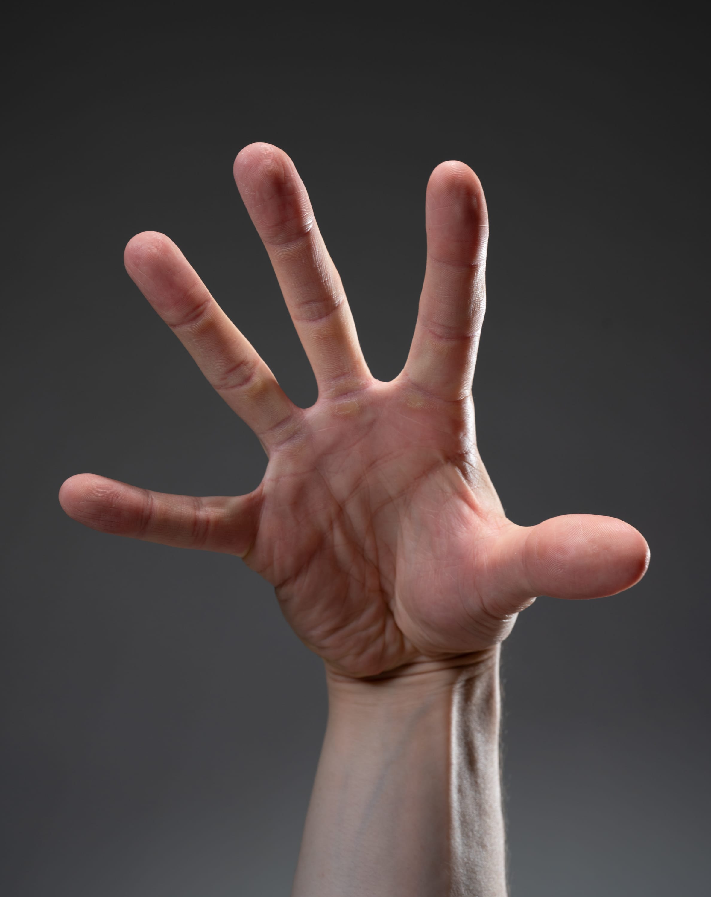 a closeup shot of a hand held up with the palm facing the viewer. the hand is spread open with all five fingers extended. the light source is coming from the top left, casting shadows on the right side of the hand and fingers. the background is a dark gray color.