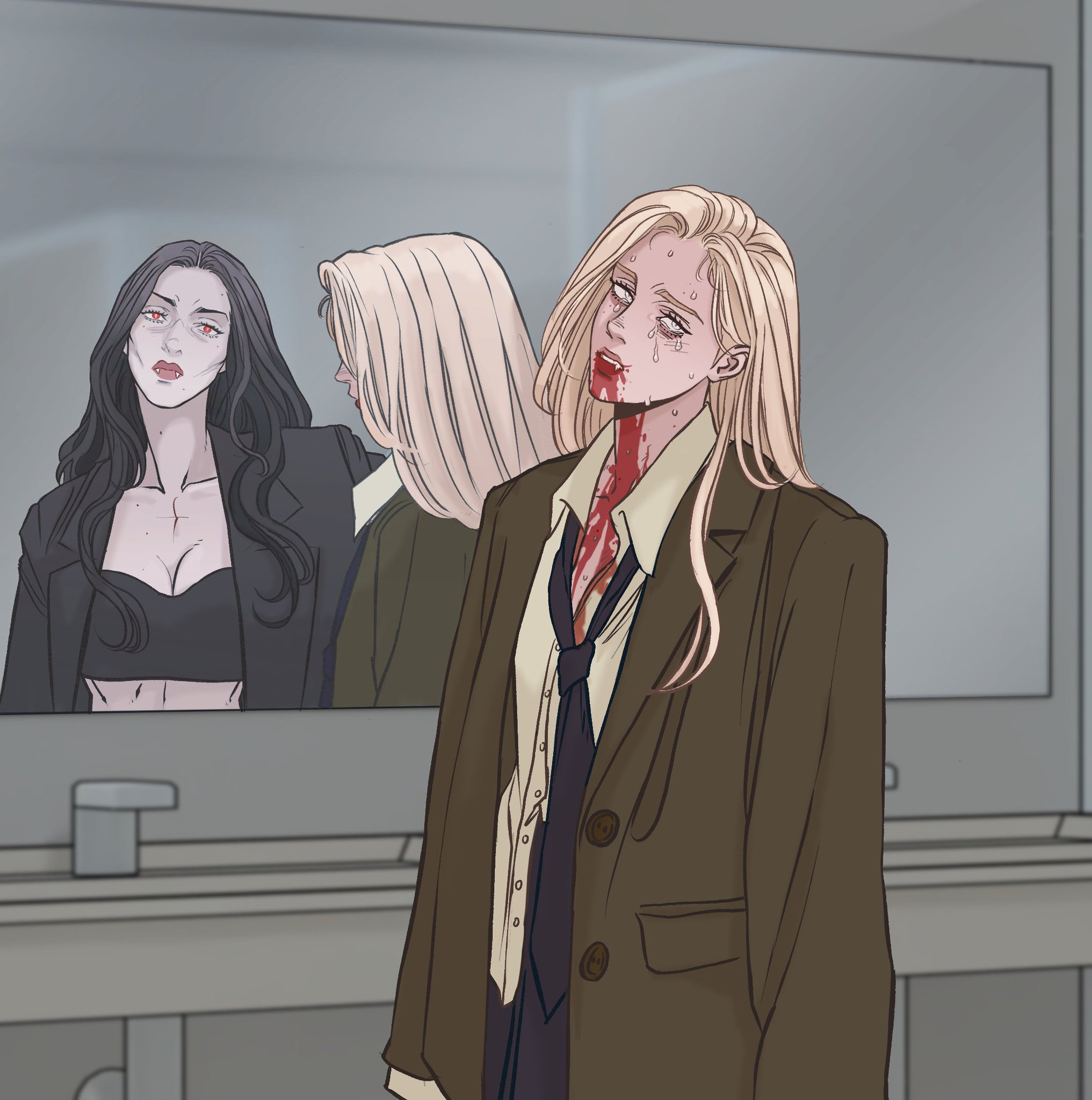 a digital art illustration depicts two women in a bathroom setting. the main subject is a blondehaired woman, standing in front of a mirror and wearing a brown suit with a partially unbuttoned shirt and loosened tie. she has blood dripping from her mouth and neck, and tears are visible on her face. reflected in the mirror are two images: one of the blonde woman's back and another of a darkhaired woman with pale skin, red eyes, and a black blazer over a revealing top. a bathroom sink is visible in the lower left corner, and the background consists of a gray wall and a framed mirror. the image conveys a dark or supernatural theme, possibly related to vampires.