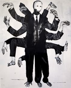 a black and white surreal painting of a man wearing a suit with multiple arms and hands coming from the torso, standing on a white background. the man is wearing a mask that covers his eyes. the painting has a haunting and mysterious feel.