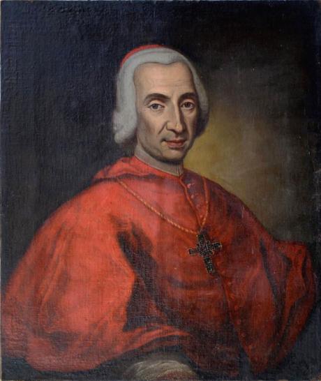 this is a portrait painting of a man dressed in the robes of a catholic cardinal. he has white hair and wears a red robe with a gold chain and a cross pendant. the background is dark and muted. the style suggests a historical or classical depiction.