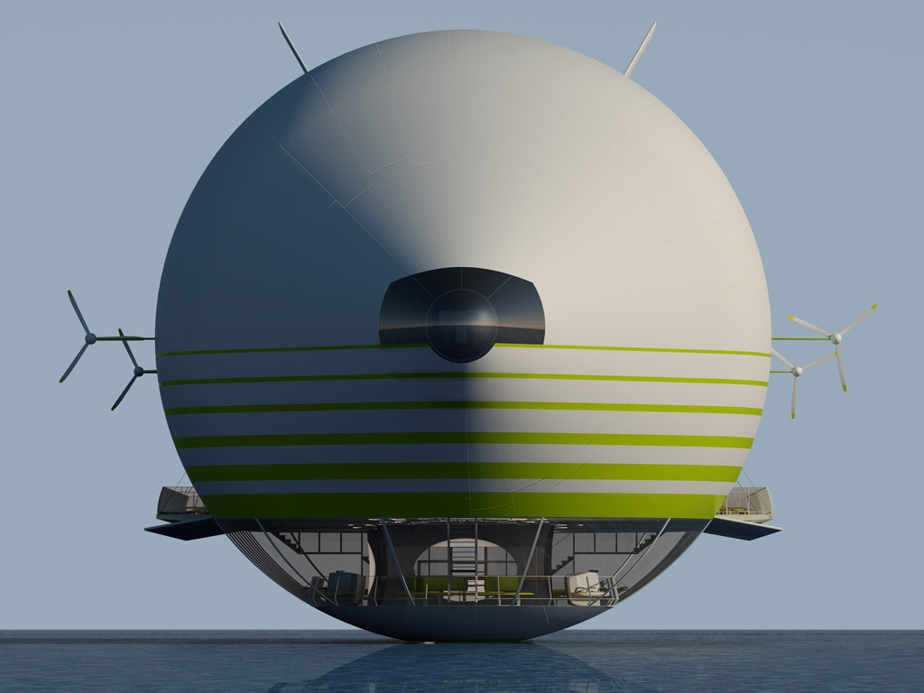 a futuristic airship, resembling a blimp or zeppelin, floats in the sky. it features a white spherical body with green stripes and a large window in the front. the airship has propellers at the back and a door at the bottom. the design suggests advanced technology and innovation. the image appears to be a digital render or illustration.