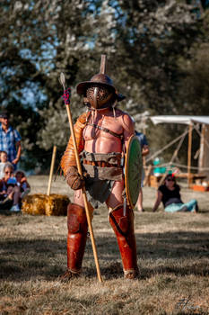a photo of a gladiator at a historical reenactment. he is wearing a helmet, shield, and other protective gear and stands with a spear. there are other people in the background, some appear to be spectators. the scene is set outdoors in a grassy area. the gladiator's costume is detailed and realistic.