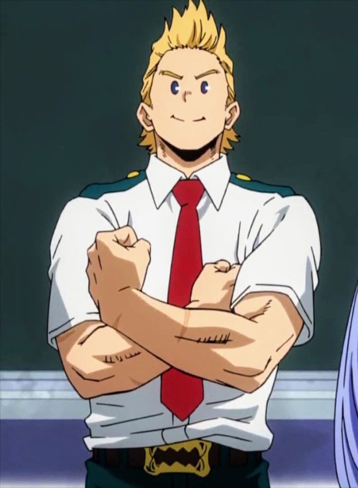 the image features a young male anime character with blond hair, a red tie, and a white shirt. he has a confident smile and is standing with his arms crossed. the character appears to be a student in a school uniform, potentially attending a school for heroes. the background suggests a classroom setting, reinforcing the educational context. the character's muscular build and confident posture hint at his potential as a hero.