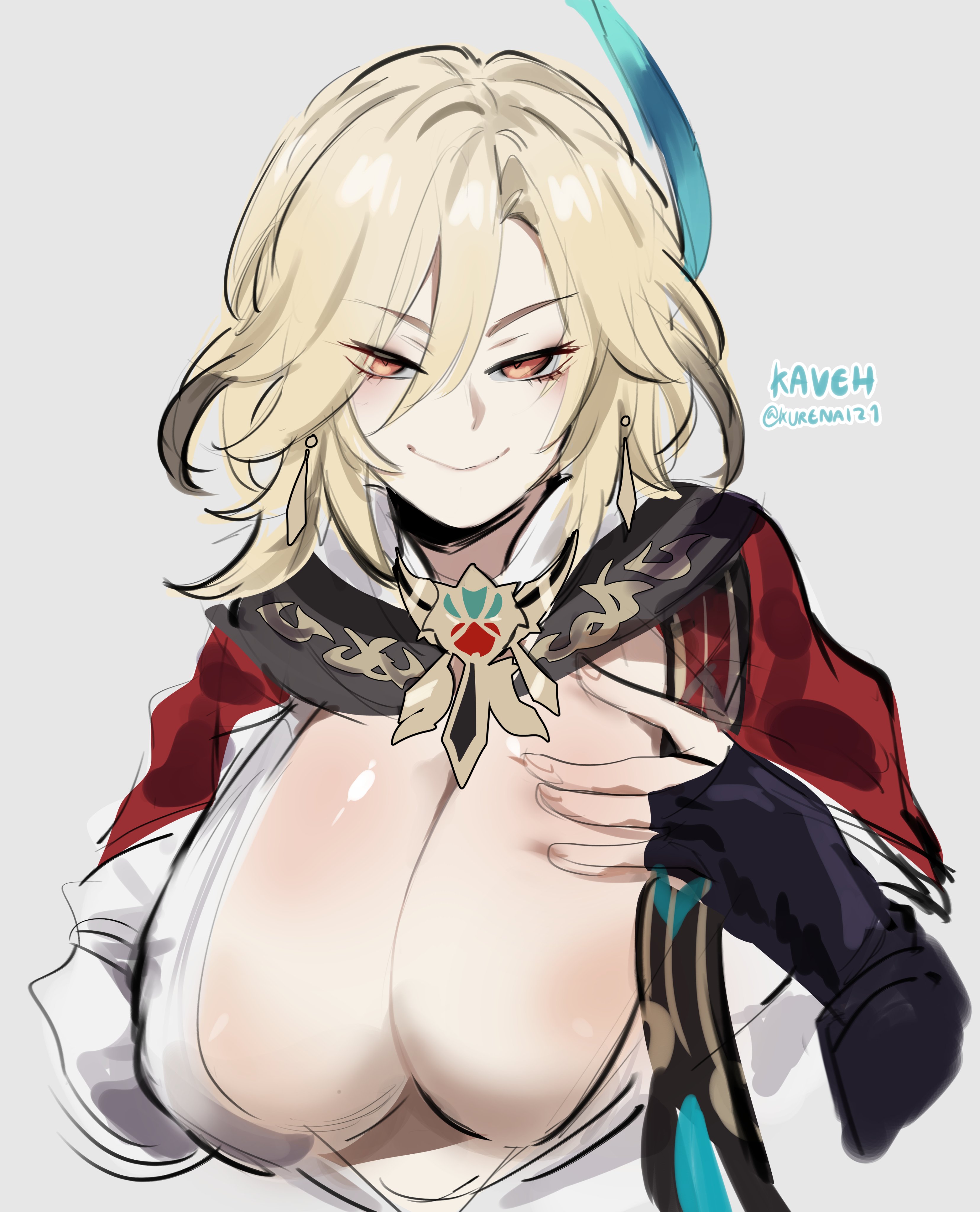 a fan art depiction of kaveh from genshin impact. he is drawn in an anime style, with blonde hair and a smug smile. he is wearing a red and white outfit with blue and green accents. his hand is placed on his chest, suggesting a sense of confidence.