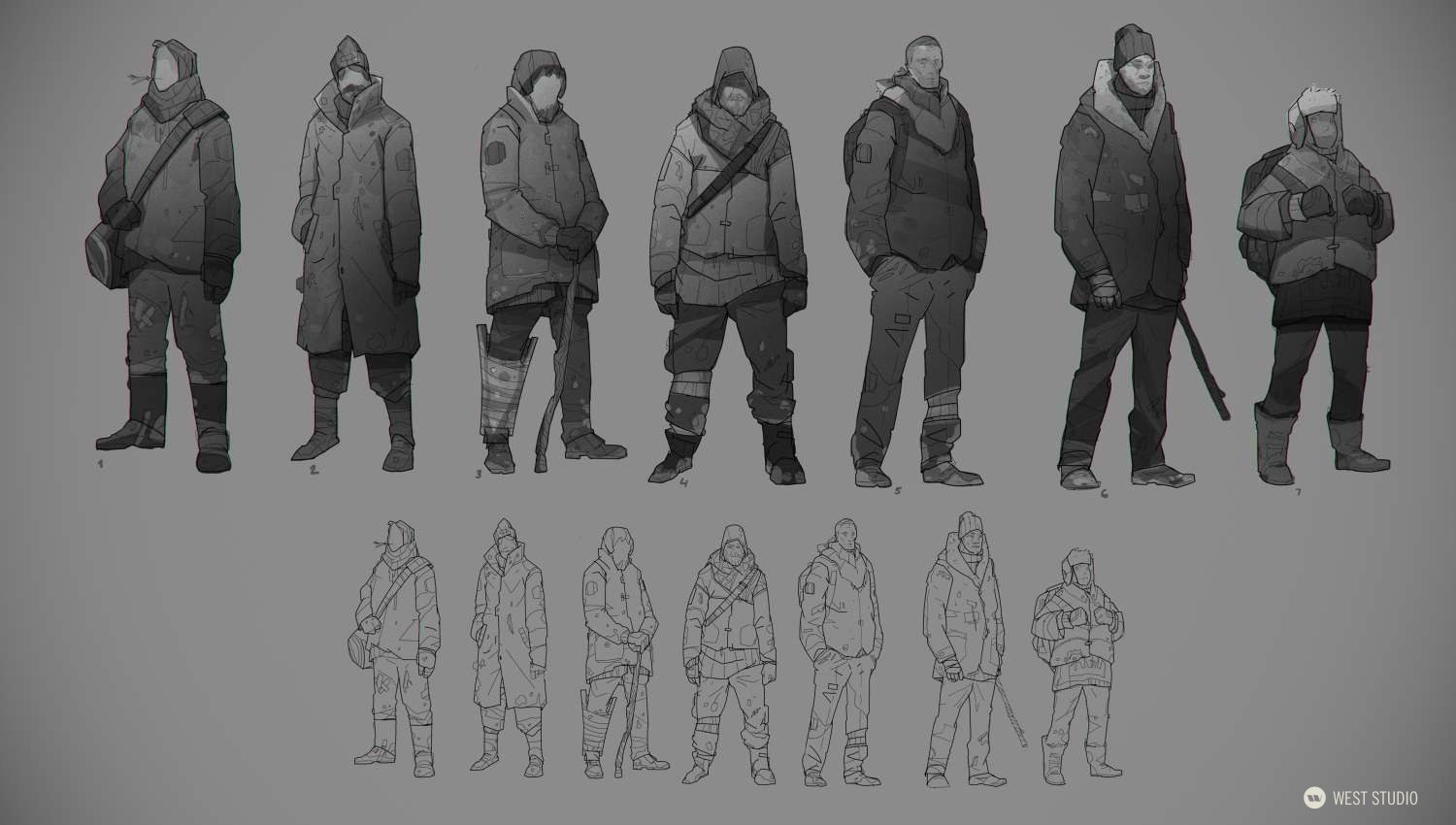 the image showcases a series of grayscale concept art sketches depicting various male characters clad in heavy winter attire. the characters sport a rugged, postapocalyptic aesthetic, with layers of clothing, backpacks, and some even wielding makeshift weapons.  the sketches are presented in both detailed and simplified line art styles, offering different stages of the design process.