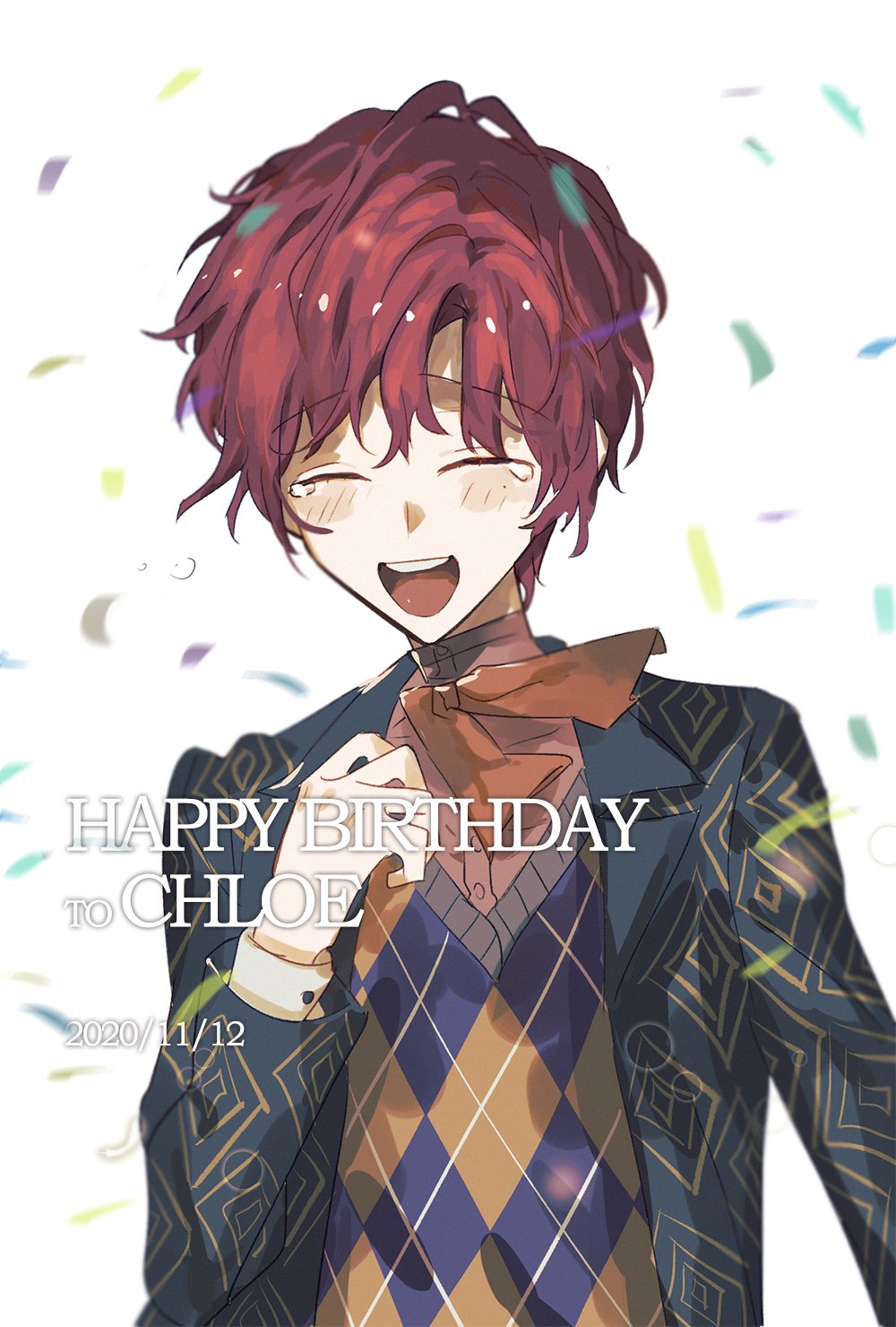 a happy anime boy with red hair is wearing a suit and a tie. he has a big smile on his face as he holds his tie and looks at the camera. the words "happy birthday to chloe" are written in front of him in white, along with a date. there are also a lot of confetti around him. it seems like he's celebrating a birthday.