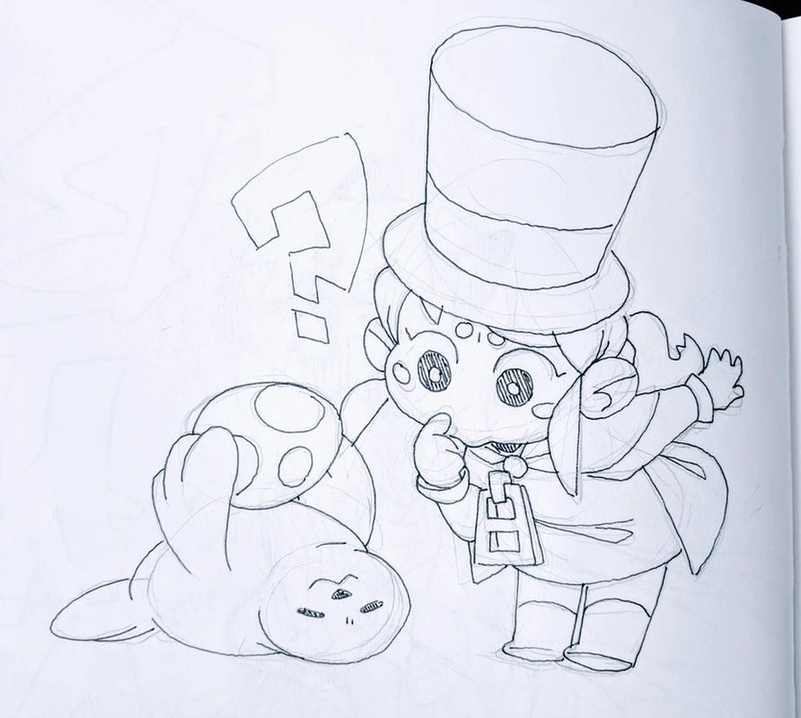 a simple, cute cartoon drawing of a character in a hat holding a seal. the character has a curious expression, indicated by a question mark above its head. the seal is looking at the character. the drawing is done in black and white pencil on white paper.