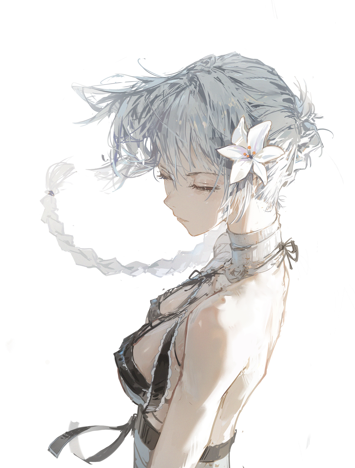 an anime girl with white hair and a white flower in her hair is looking down with a sad expression. she is wearing a white dress and has a blue dress. she is depicted in a painting style.