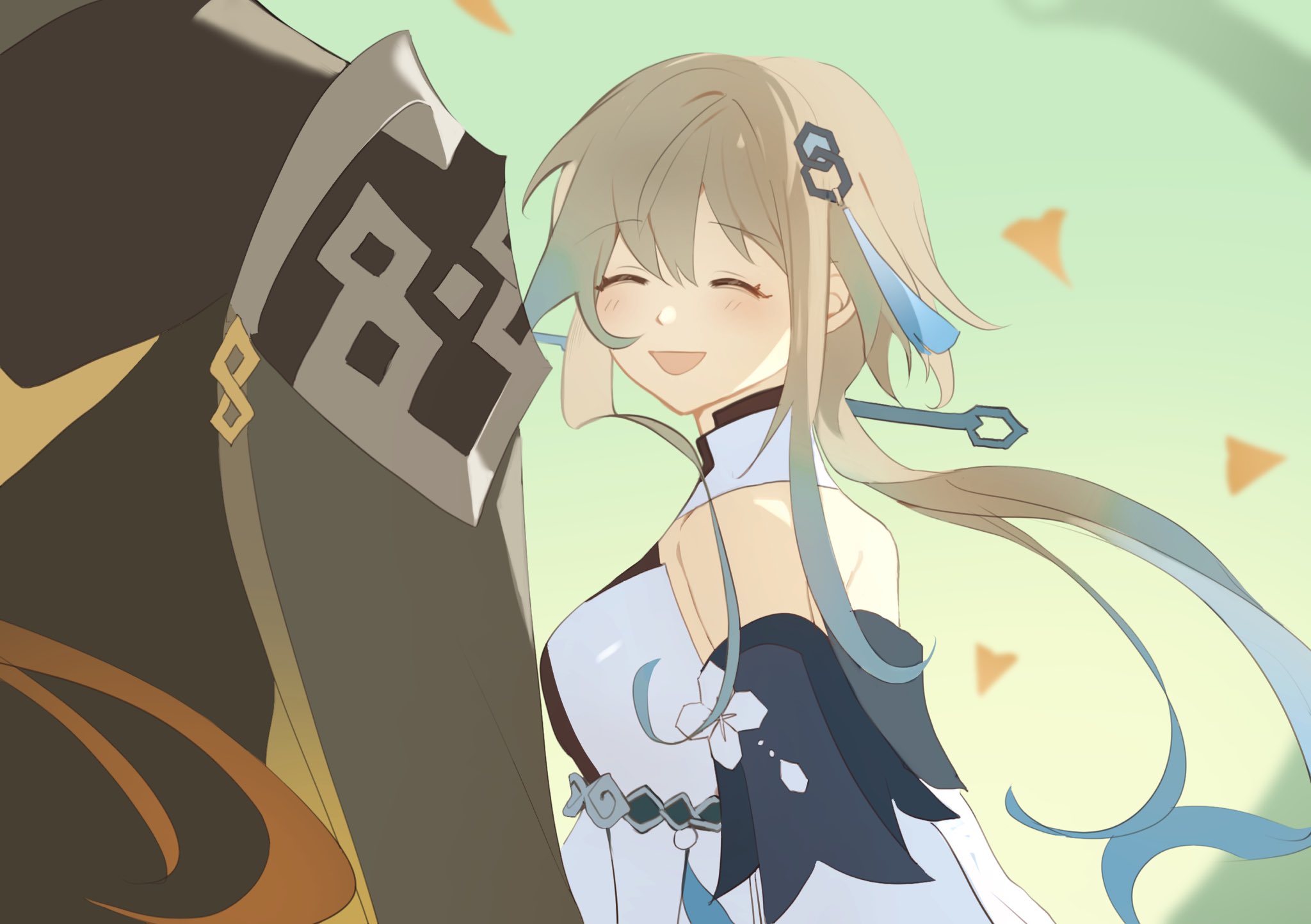 this is a digital drawing of a female anime character. she has long, flowing white hair with blue highlights. she is wearing a white dress with blue accents, and a black sleeve with a white flower on it. she is smiling brightly, and the background is soft green. the drawing is in a cartoon style and is very detailed. the character is likely a fictional character from a video game or anime.  the characters shown are likely from the game "genshin impact" and are called ganyu and xiao.