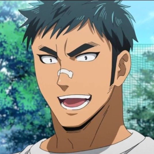 a headshot illustration of a muscular anime man with short, spiky teal hair and tan skin. he is smiling widely and has a white bandage across his nose. he is wearing a white tshirt.  the background is out of focus, suggesting a park or outdoor setting.  the overall style is friendly and approachable.
