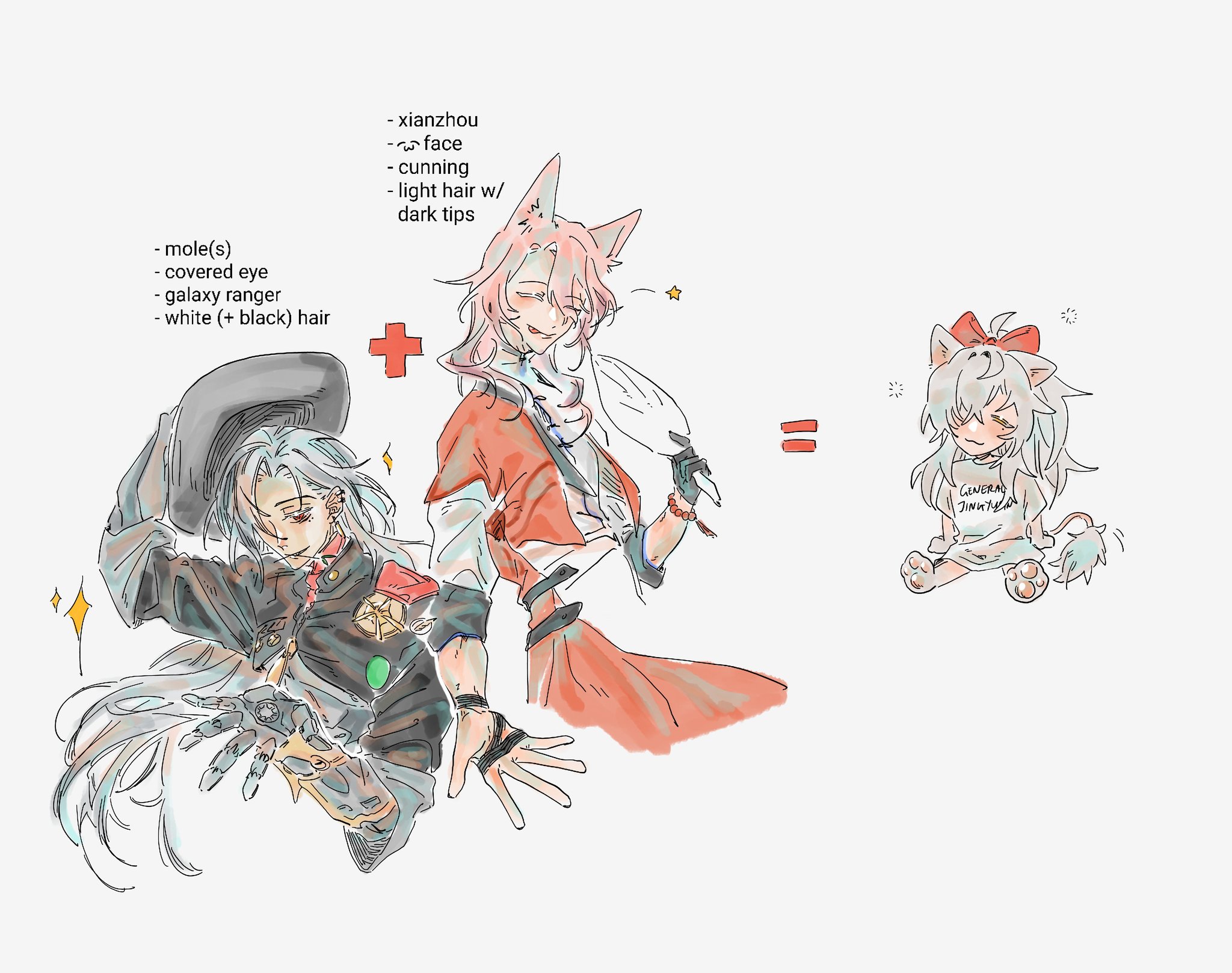 this is a digital illustration of three characters: a boy with white hair and a red and black outfit, a girl with pink hair with red and white outfit and a girl with white hair and a white shirt with a red bow.  the caption under the image reads "xianzhou face  cunning  light hair w/ dark tips" followed by "mole(s)  covered eye  galaxy ranger  white (+ black) hair" followed by a plus sign and then "ginerad jinkty"