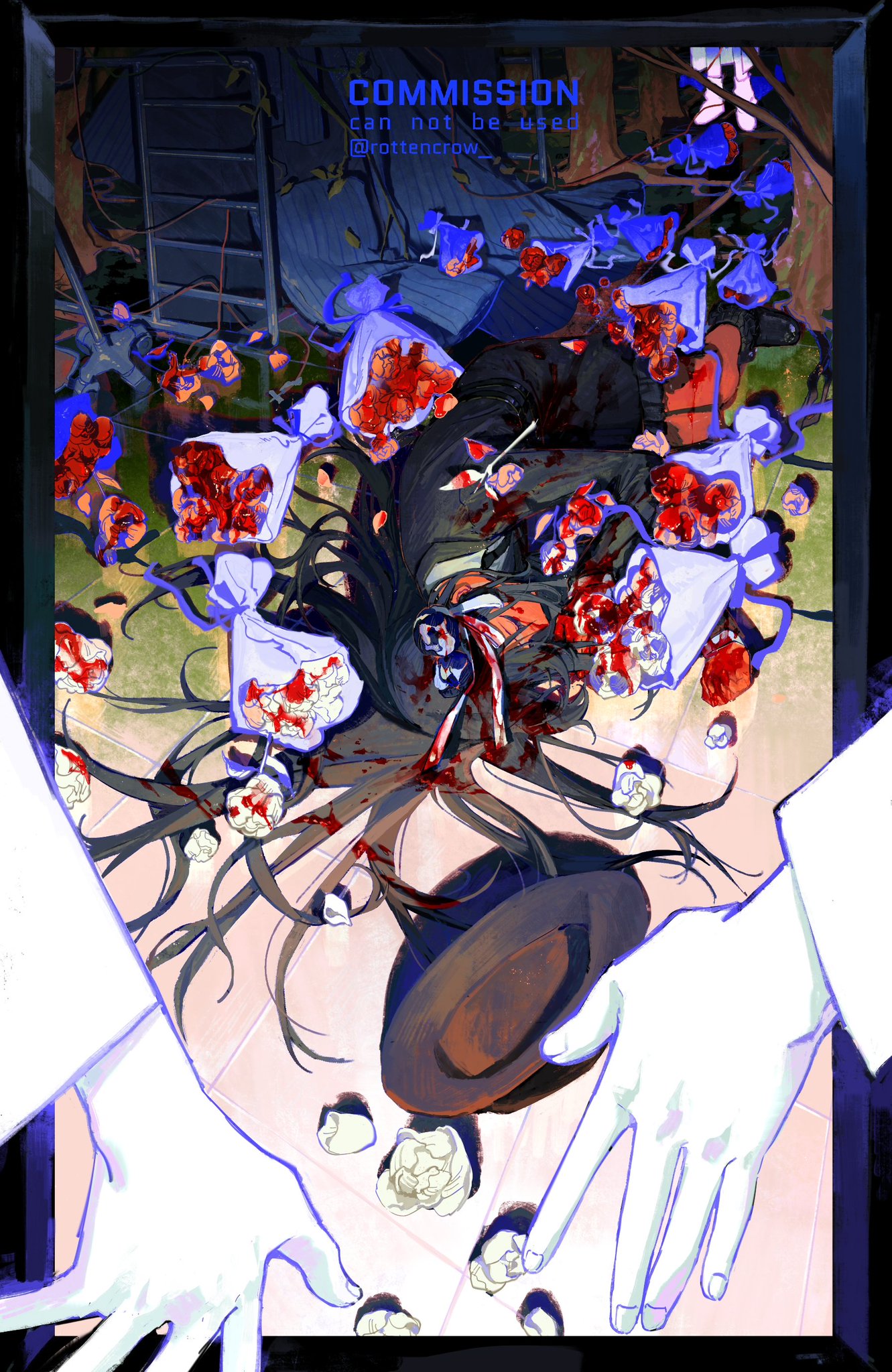 the image is a digital illustration of a young woman lying dead on the floor. she is surrounded by white roses and blood. her long black hair is spread out around her. her hat lies near her head. she is wearing a white dress and white gloves. the image is framed in black. in the background, there is a dark, shadowy figure. the overall effect is eerie and unsettling.  the artwork style is anime/manga inspired and heavily stylized. the image is a depiction of violence and gore, and it may be disturbing to some viewers.