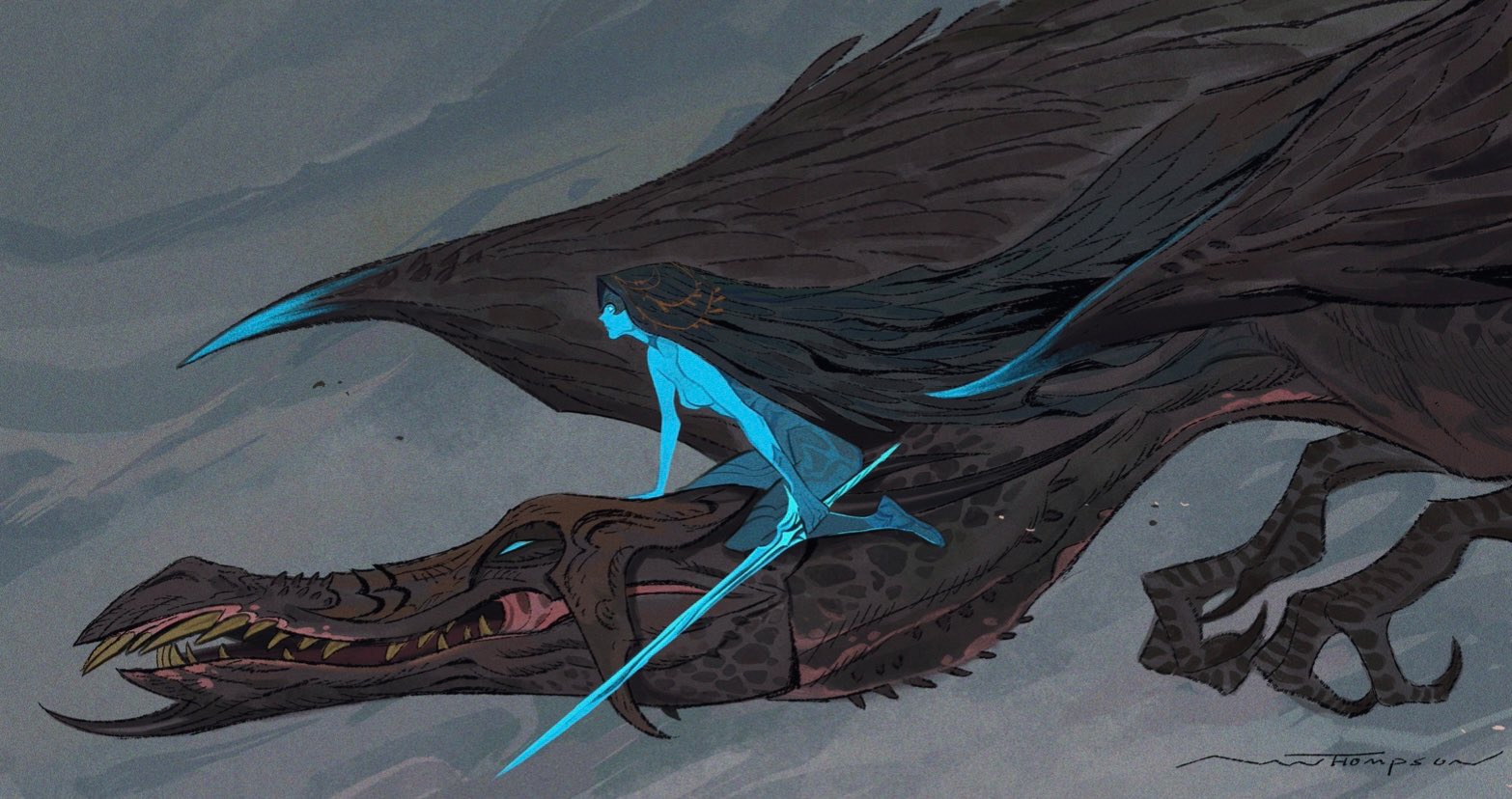 this artwork depicts a blue woman riding a dragon in the sky. the woman is holding a sword in her right hand. the background is light gray,  and the artwork looks like a painting or illustration.