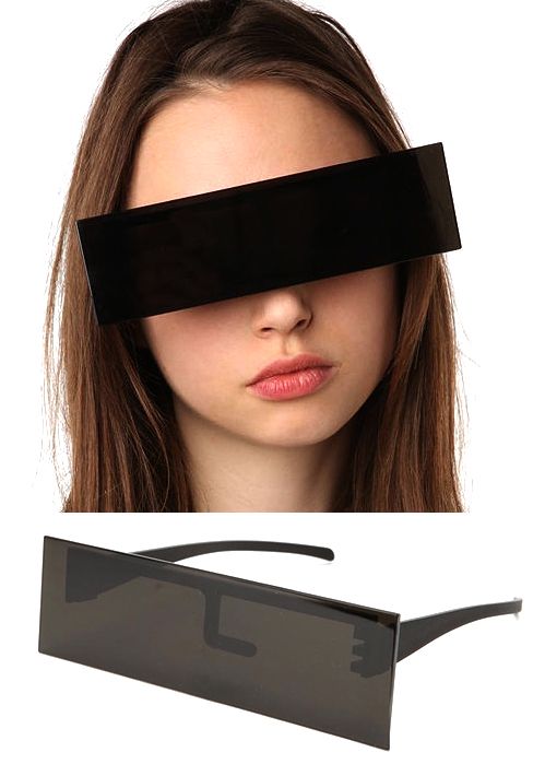 the image shows a young woman wearing rectangular, dark sunglasses that cover her eyes and most of her forehead. below her face, a single pair of the same sunglasses is displayed.