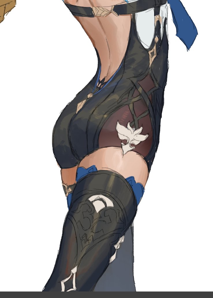 a digital illustration of an anime character, possibly a female warrior, wearing a black and gold costume. the character has her back to the viewer and is standing with one leg bent at the knee.  the costume includes a backbaring bodice, leggings, and a thighhigh boot with intricate detail on the knee. the character also wears a blue ribbon around the waist.