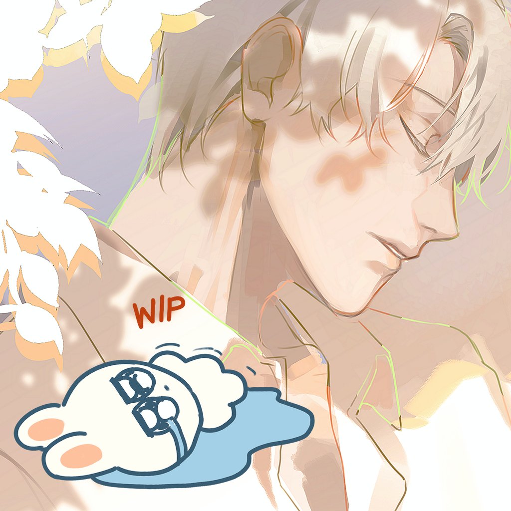 the image is a digital painting or illustration in an anime or manga style, depicting a young, attractive man with long, light silver hair. his eyes are closed, conveying a sense of peace or serenity. he's wearing a lightcolored collared shirt.  the style is soft and painterly, using pastel and light colors with gentle shading.  there are elements suggesting sunlight and shadows from leaves in the background. a "wip" (work in progress) label and a cute cartoon bunny graphic are overlaid on the image, indicating the artwork is unfinished. the overall mood is calm and gentle.