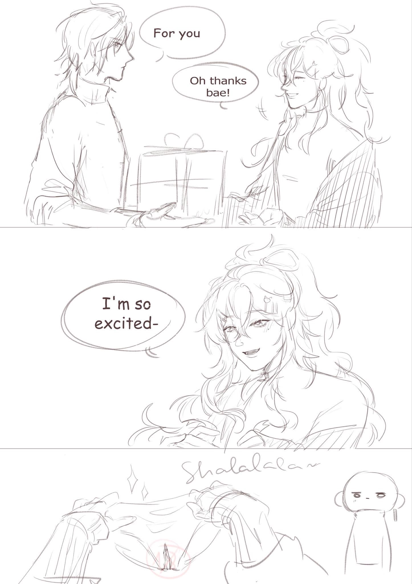 this is a comicstyle drawing that depicts a romantic scene between two anime characters. the first panel shows the male character giving the female character a present. the second panel shows the female character reacting excitedly. the third panel shows the female character tearing open the present.