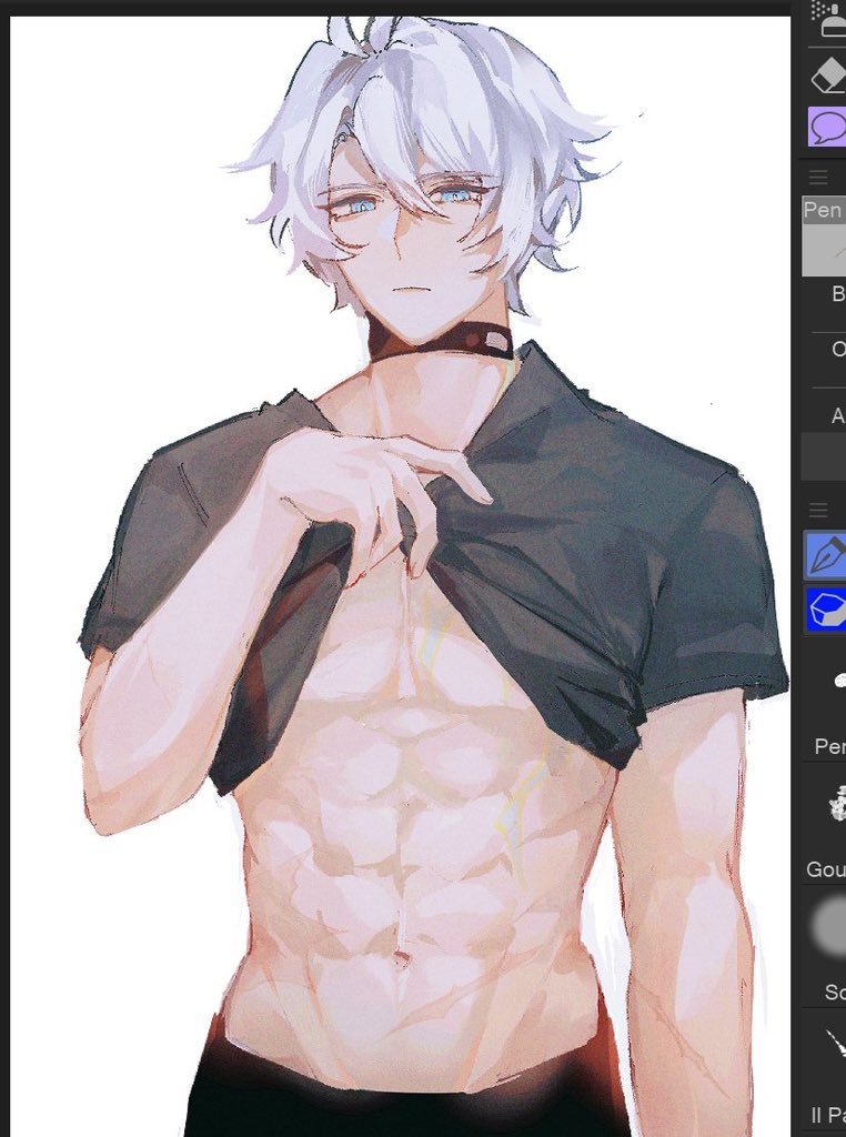 an animestyle illustration of a handsome male character with white hair and blue eyes. he has a toned physique with visible abs and is wearing a black choker and a black tshirt that he is partially lifting with his hand, revealing his abs. the artwork is likely digital and shows a confident and slightly suggestive pose.