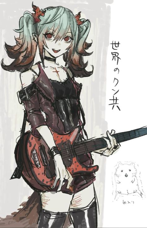 the image is a stylized drawing or digital painting of an animestyle girl.  she's depicted as a rock musician, holding a red electric guitar. her hair is teal with reddishbrown undertones styled in twintails, and she has small horns or decorative elements on her head.  her clothing is dark and gothic lolitainspired, including a leather jacket and corset. she has pale skin, red eyes, and visible scars on her arms and legs.  the art style is loose and sketchy, with visible brush strokes. there's japanese text in the background, and a small drawing of a chibi hamster is included near the bottom right corner. the overall mood is dark, edgy, and slightly gothic.