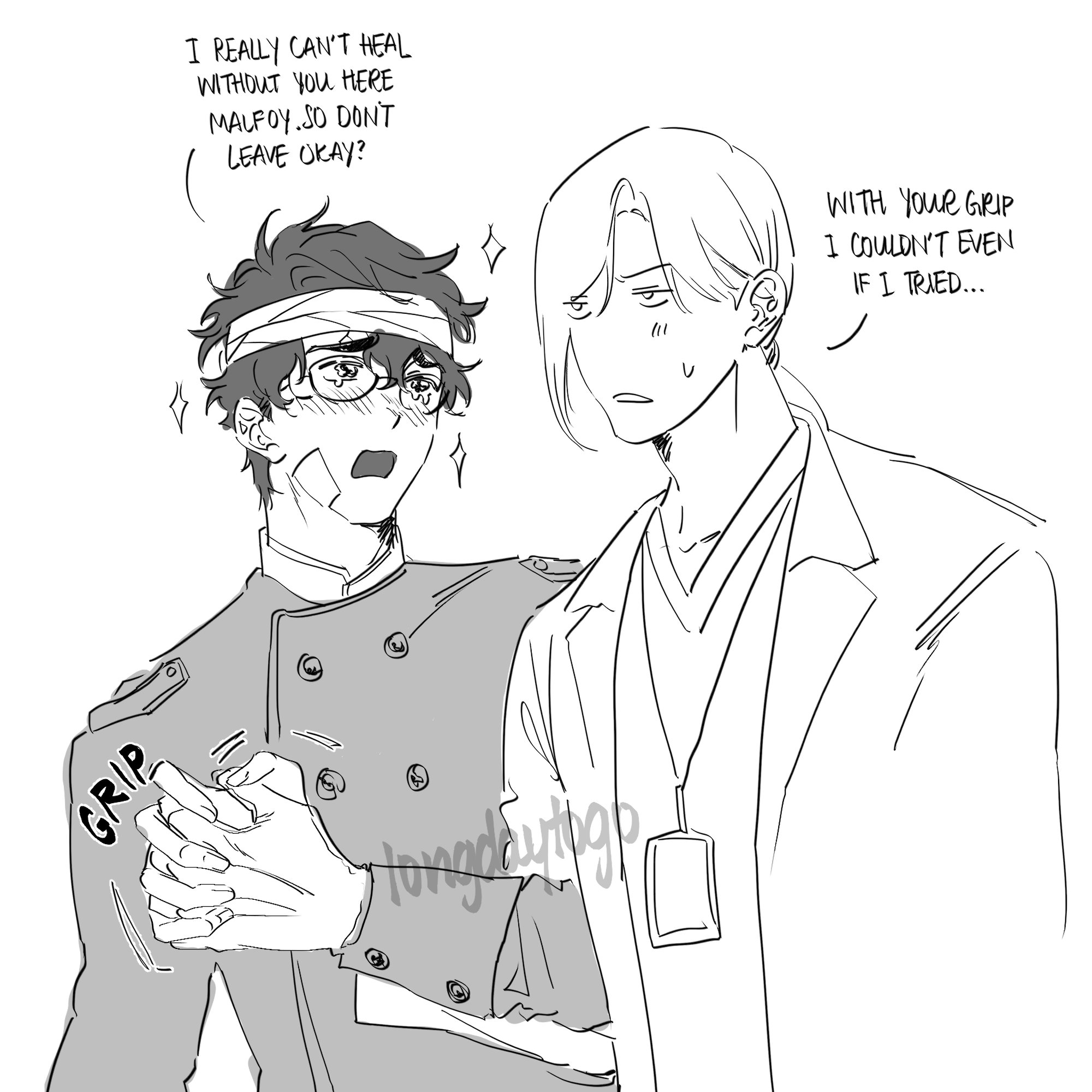 the image is a black and white fanart depicting two young men. one, with a bandage on his head and glasses, is dressed in a chef's uniform. he appears slightly injured. the other, wearing a doctor's coat and id badge, is holding his hand gently. speech bubbles above their heads reveal a tender scene where the injured character pleads with the doctor to stay, saying he cannot heal without him,  and the doctor comments on the strength of his grip. the overall style is reminiscent of webtoon or manga, featuring expressive line art and character designs. the scene portrays a close and caring relationship between the two characters.