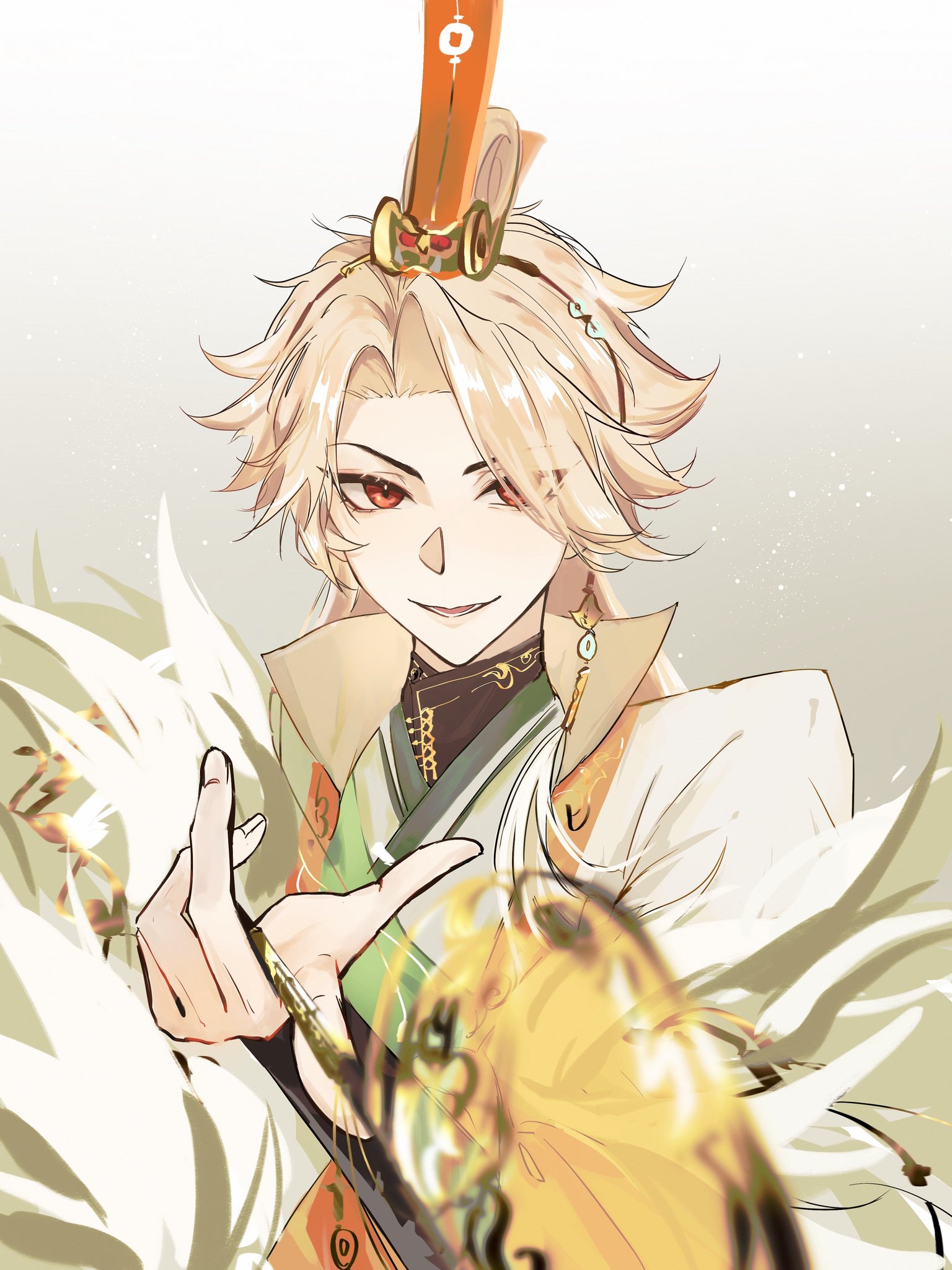 the illustration depicts a young anime male character with long white hair and red eyes. he is wearing a white and gold chineseinspired kimono, and is holding a golden fan, which he looks at directly. the character is smiling slightly, giving off a mischievous feeling. the background of the illustration is white with small, golden particles.