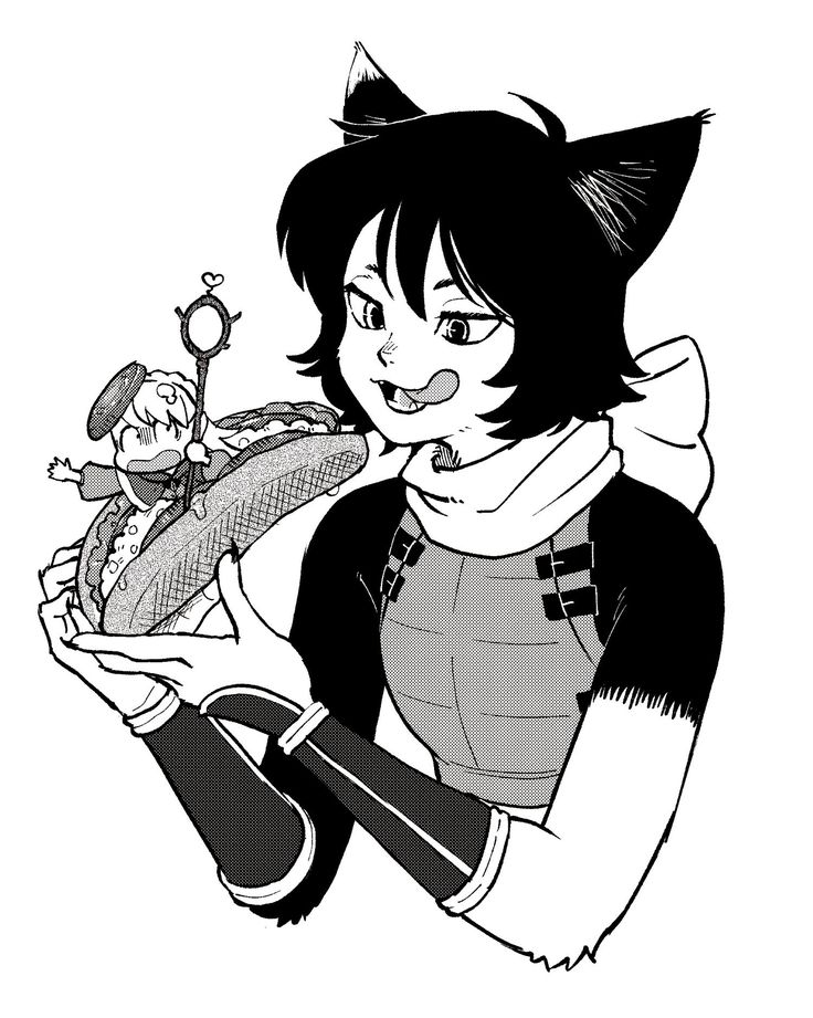 the image is a black and white illustration or drawing in an anime/manga style. it depicts a large, anthropomorphic girl with cat ears.  she's wearing what seems to be a samuraiinspired outfit. she is gently holding a hot doglike food item on which a much smaller, childlike character is sitting. the larger girl appears to be playfully eating or about to eat the hot dog and the smaller character on it. the overall style is whimsical and cute.