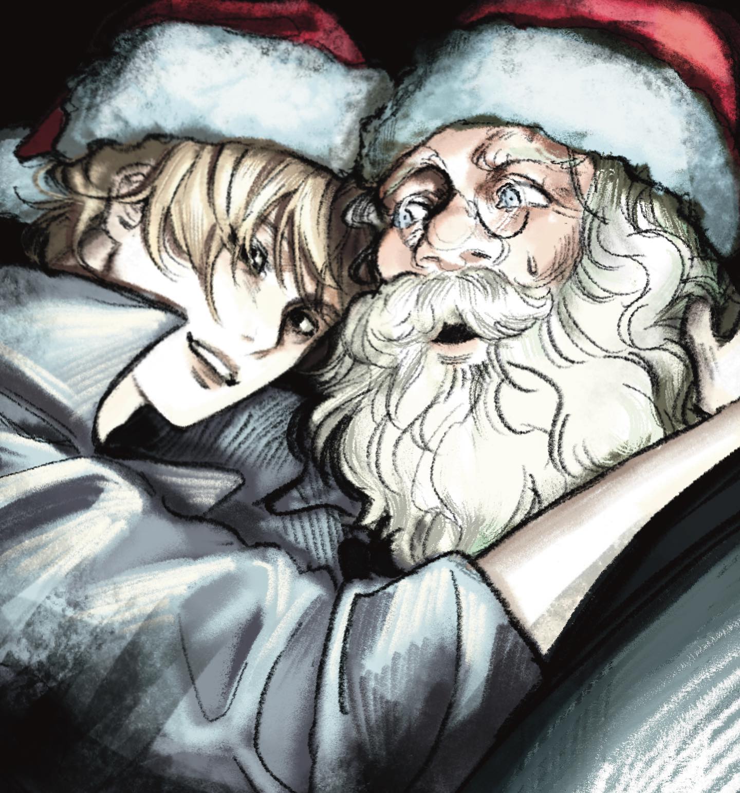 a detailed drawing of santa claus and a young man, both wearing santa hats. the man is leaning on santa, who has a jolly expression on his face and is looking up. the man is looking down and smiling. both appear to be celebrating christmas and having a good time.