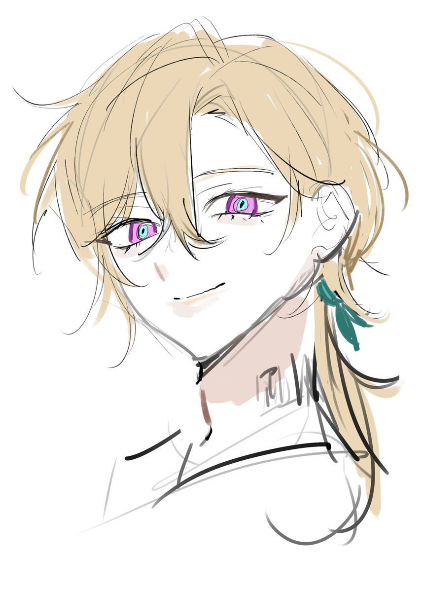 this is a digital drawing of a young anime character.  the character has long blonde hair, purple eyes, and is wearing an earring with a green feather. the background is white and the drawing is in a casual, sketchy style. the character is smiling slightly.  the drawing is partially finished.