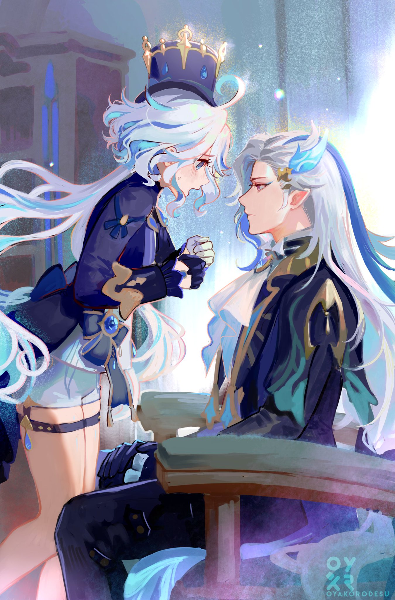 an anime style digital illustration of a couple in fantasy attire looking at each other. the princess wears a blue and purple dress with a crown, and the prince wears a dark suit with a white ruff. they are sitting on a chair, surrounded by a purple and blue background. the image evokes a romantic and whimsical feel.
