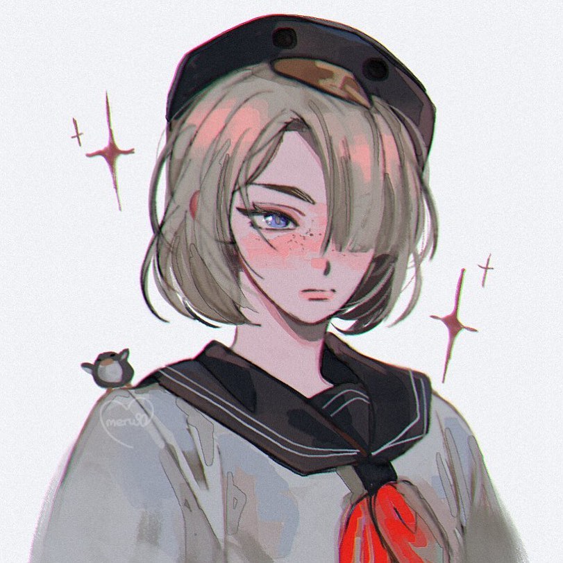 the image is a digital drawing of a young animestyle girl with short, light blonde hair and bangs that partially cover her eyes.  she has blue eyes and visible freckles on her cheeks. she's wearing a sailorstyle school uniform with a dark gray/black collar and a light gray/white top. a red neckerchief is loosely tied around her neck. she also wears a darkcolored cap or hat with a slightly textured appearance. a small, stylized bird is perched on her shoulder. the art style is soft and slightly painterly, with pastel and light gray tones dominating the color palette. the background is plain white, with a few stylized sparkling effects around the girl's head. the overall aesthetic is cute and somewhat melancholic.