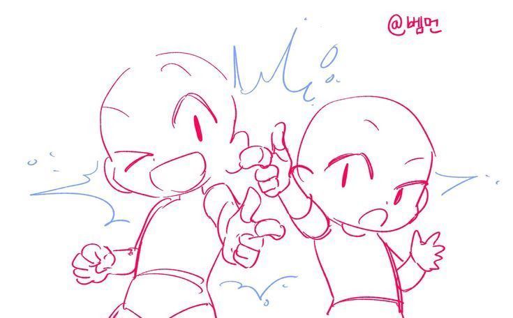the image is a sketch of two cartoonstyle figures. the figures have bald heads and basic facial features. the figure on the left is pointing and looks excited. the figure on the right looks surprised. the sketch is done primarily with red lines, but there are blue accents around the figures.