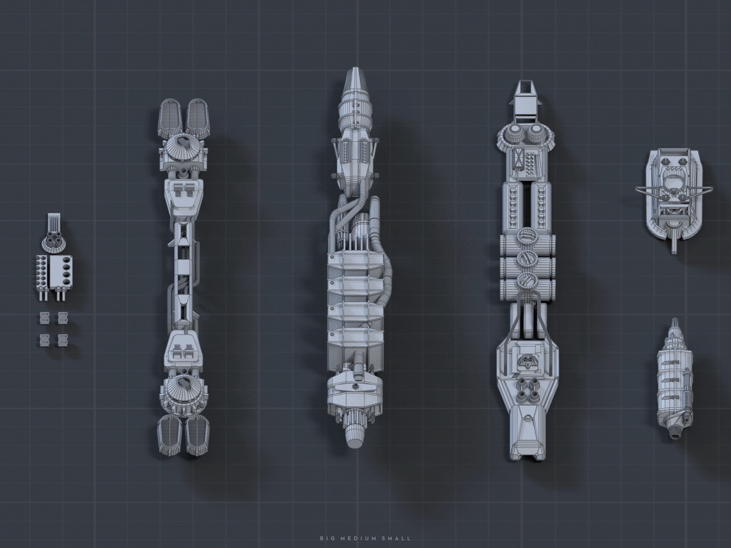 the image showcases a topdown view of 3d wireframe models of various spaceship components or engines, arranged in order of size from largest to smallest.  the largest model is in the centerleft, showing a long, multipart engine design. the centerright shows another large engine, slightly different in design.  a smaller version is situated in the center, and two smaller components are placed on the left. a very small component is on the right. a small, possibly additional, component is displayed to the far right.  the entire scene is set against a dark grey grid background giving the impression of a technical blueprint or a cad design. the caption "big medium small" is visible below the models.