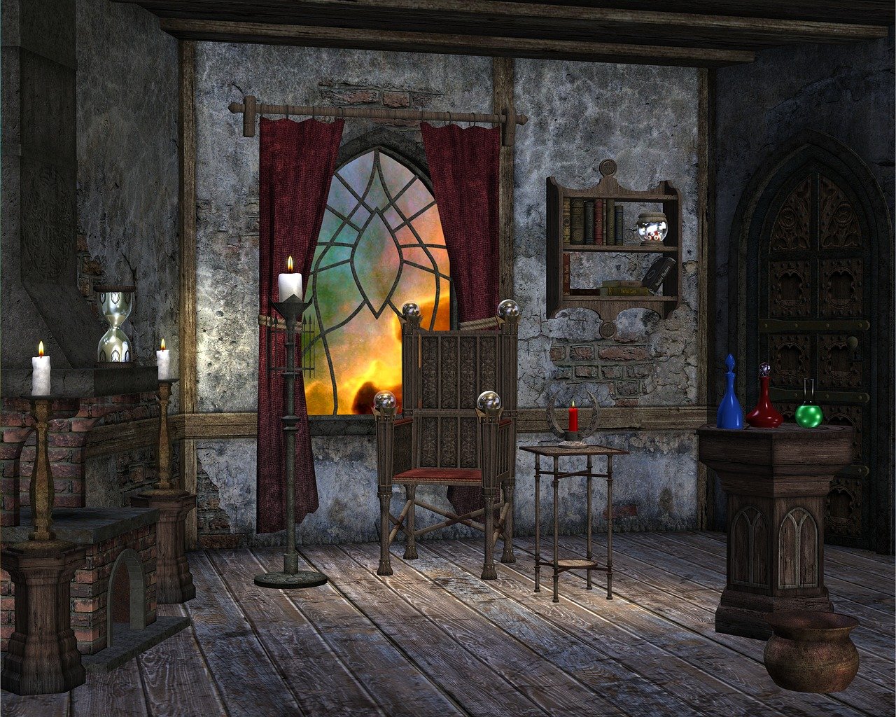 the image depicts a fantasythemed interior of an old, perhaps medieval, room. a chair sits near a window framed by red curtains, with a view of a fiery sunset. several candles cast dim light, and potion bottles are arranged on a stand. books are visible on shelves attached to a weathered stone wall. the room features a wooden floor, a fireplace, and a cauldron. the overall atmosphere suggests a mystical or gothic setting.