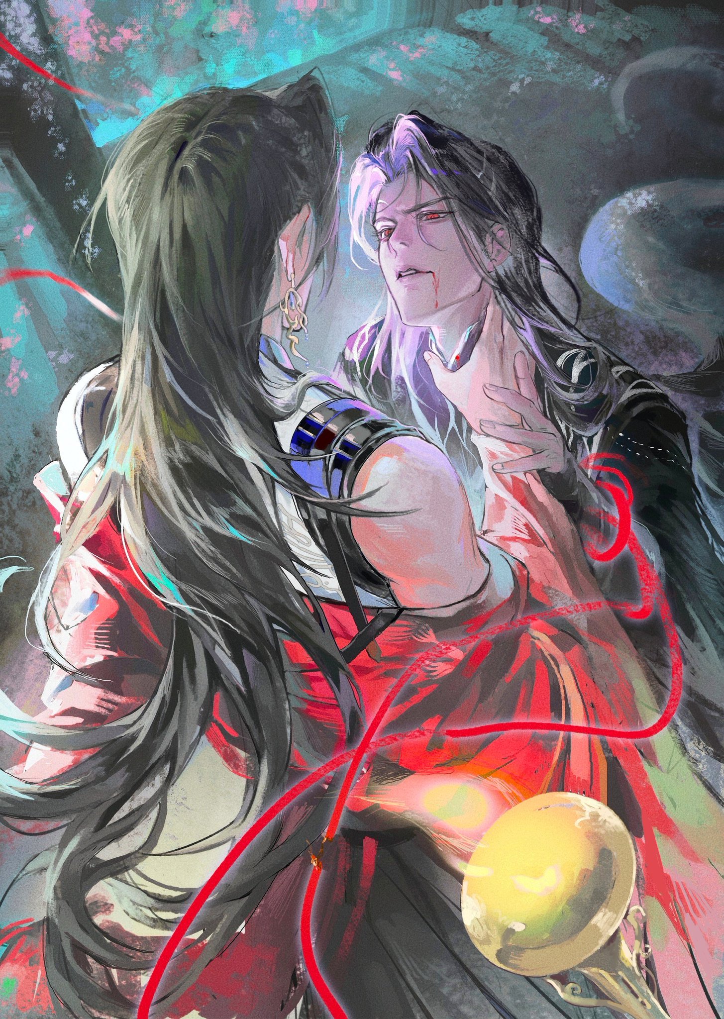 this artwork depicts a couple in a dramatic and intimate scene. the characters are both male, with long black hair, dressed in traditionallooking garments, and the