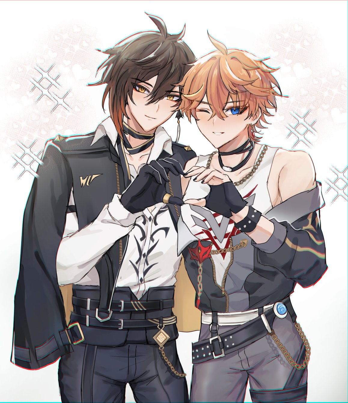 the image shows two anime boys in fashionable attire. the boy on the left has black hair, wearing a black jacket with a white shirt underneath. the boy on the right has orange hair and a white tank top paired with a black jacket. both boys are smiling and making a heart shape with their hands. the image is colorful and vibrant with a digital art style.