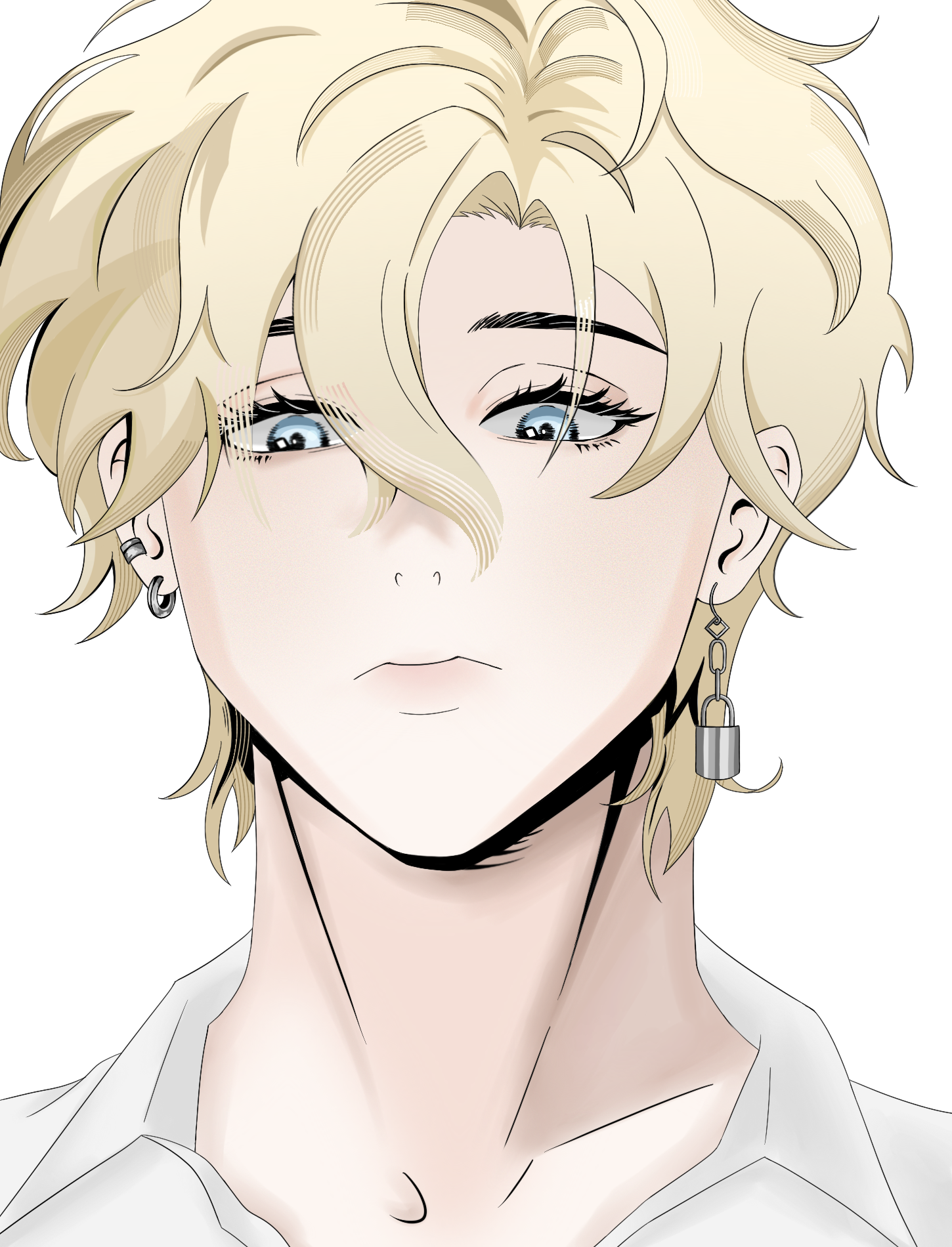 the image is a digital drawing or illustration in an anime/manga style. it depicts a closeup portrait of a young man with shoulderlength, light blond hair.  he has pale skin and striking blue eyes.  he is wearing simple, stylish earrings; one is a small stud and the other a dangling padlockshaped earring. the overall aesthetic is clean, elegant, and serene.  he is dressed in what appears to be the collar of a white collared shirt. the art style is smooth and detailed, emphasizing soft features and a calm expression.