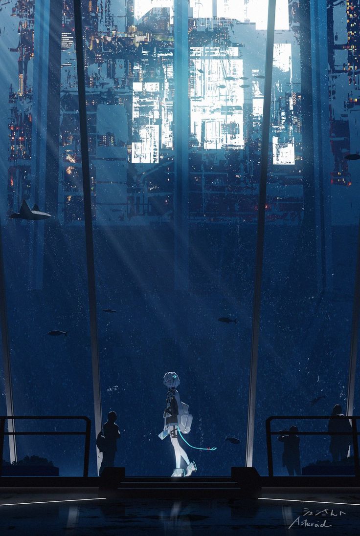 he image is a digital painting depicting an anime girl standing in what appears to be an underwater aquarium or viewing platform.  she's looking out at a massive, futuristic city that stretches upwards outside the large glass panels. the city is rendered in shades of dark blue and grey with glowing lights visible in the distance. the underwater scene is dark and peaceful, with a few fish subtly swimming by. the girl herself is softly lit, her light clothing contrasting with the darker background. the overall style is moody, atmospheric, and suggestive of a fantasy or science fiction setting. the artist's signature is visible in the bottom right corner.