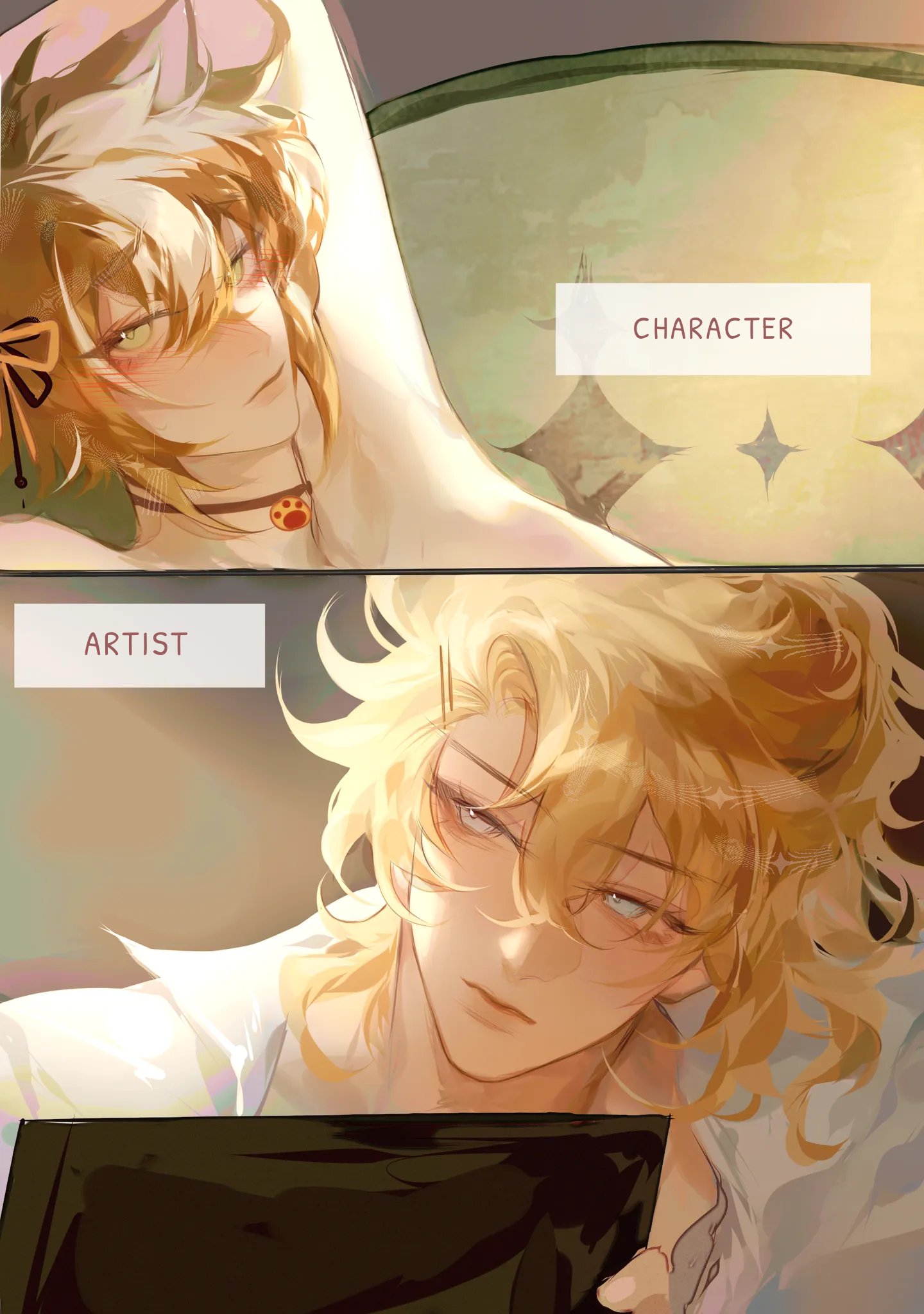 the image is a digital fan art piece featuring two depictions of the same male anime/manga character. the top section shows the character lying down, seemingly relaxed, with soft, goldenblond curly hair, partially obscured by what appears to be cat ears. he's wearing a simple collar and is presented as a more delicate and dreamy figure. the lower section shows a similar character but from a slightly different angle, conveying a more mature and composed atmosphere. this character seems to be holding or looking at a dark object that resembles a book or tablet. both illustrations have a gentle, warm color palette and soft lighting, showcasing a refined artistic style.  the sections are clearly labelled as "character" and "artist", indicating a potential artist's portrayal of a character.
