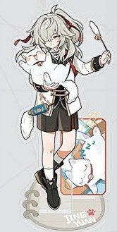 this is a digital illustration of a cute anime girl holding a white cat. she's wearing a white shirt with a black vest and shorts, and black shoes. the girl is smiling and holding the cat up in the air. the cat is also smiling and has its paws around the girl's neck. they're both standing on a platform with a cartoon design on the side of it. the girl has long, white hair and big, blue eyes. the background is white. the art style is cute and cartoony, with a lot of emphasis on bright colors. the girl and the cat are both very happy.