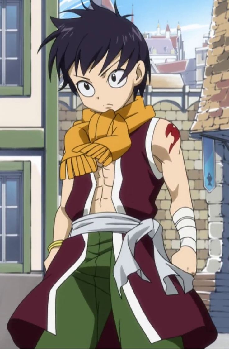 a young anime boy with dark hair and a dark, stylized outfit in a standing pose against a backdrop of a city with an architectural style reminiscent of medieval europe. the boy is wearing a scarf around his neck, a white sash with a yellow trim around his waist, and is also wearing white bandages on one arm. the character has a fierce expression on his face.